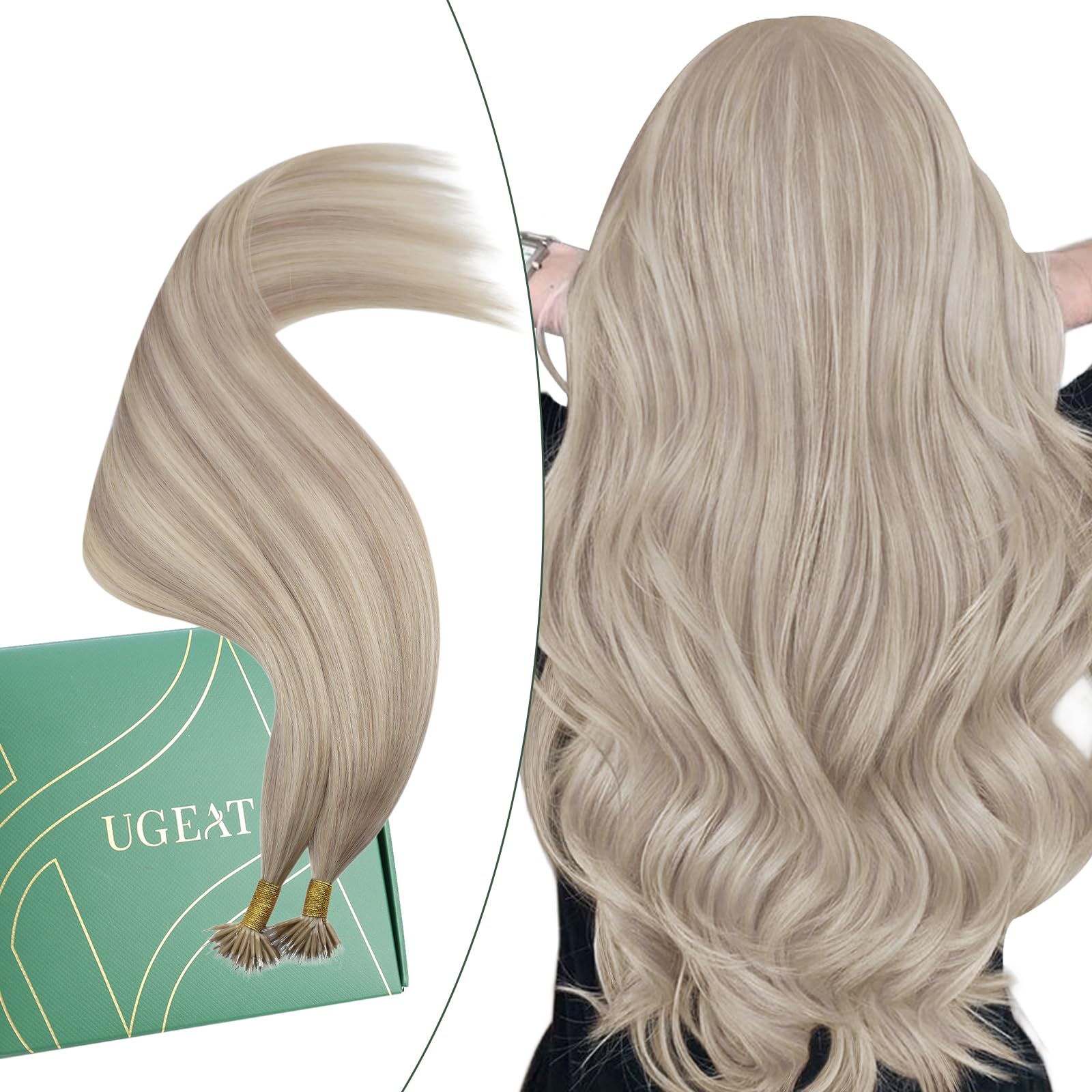 Ugeat Przedłużanie Włosów Nano Link, Włosy Ludzkie, Pasemka Popielaty Blond, 60 cm 50 sztuk 50g, Przedłużanie Włosów Nano Koralik Popielaty Blond, Remy Naturalne Proste