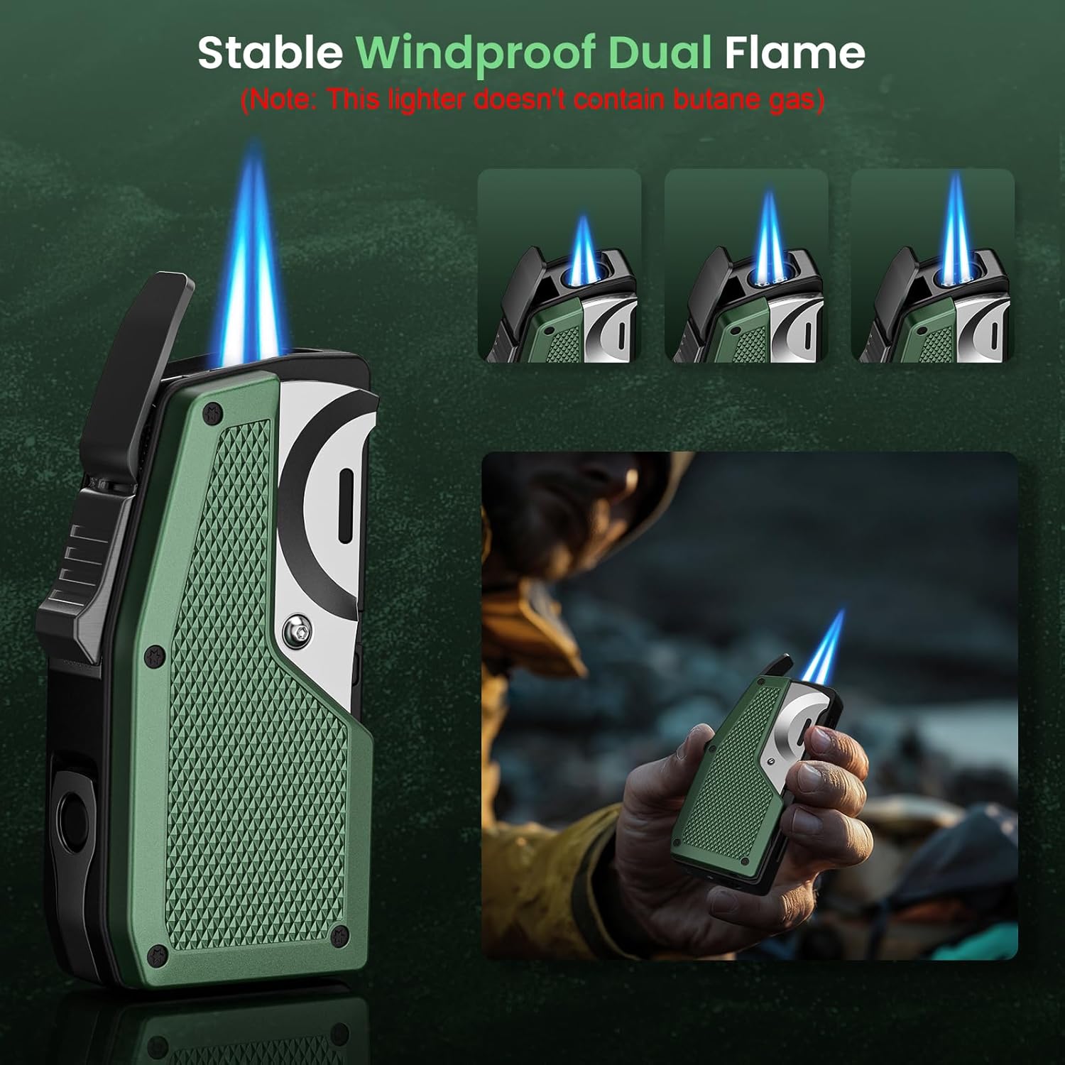 All-in-One Torch Lighters with Straight Cutter, Punch, Holder, Windproof Dual Jet Flame Torch Lighter, Refillable Butane Torch Lighters with Gift Box for Men, Multi-function Accessories for Men Luxury