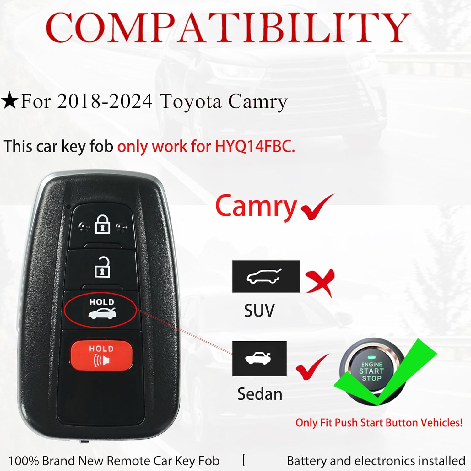 MechanMagic Smart Key Fob Replacement Fits for Toyota Camry 2018 2019 2020 2021 2022 2023 2024 Keyless Entry Remote Control FCC ID: HYQ14FBC Board: 231451-0351 PN:8990H-0E020 89904-06220 315MHz
