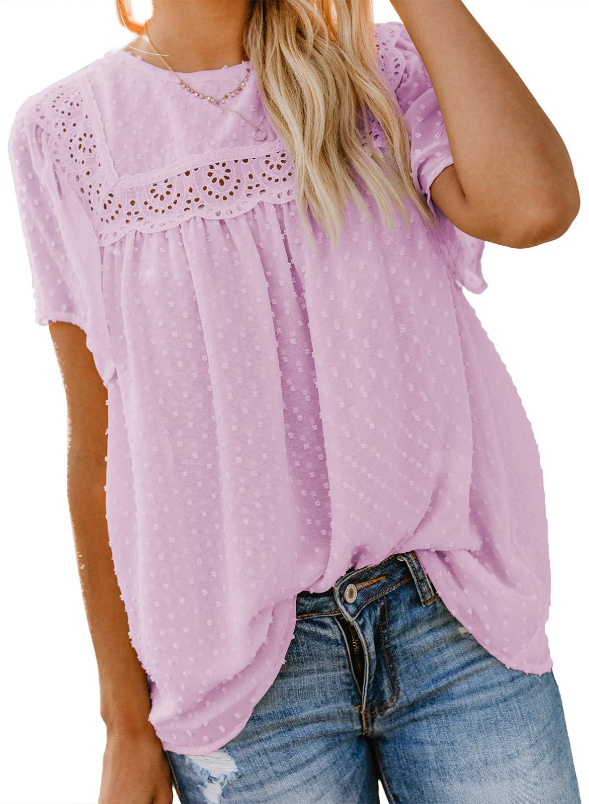 Maavoki Blusa de Gasa de Manga Larga para Mujer, con Lunares y Cuello Redondo