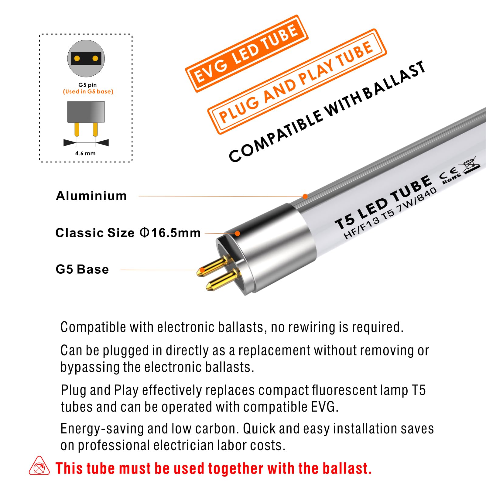 IHYCTV Tubo LED T5 7W 4000K G5 517mm – Senza ricablaggio | Sostituisce 13W – 910 lumen – Angolo 300° – Confezione da 1 [Classe D]