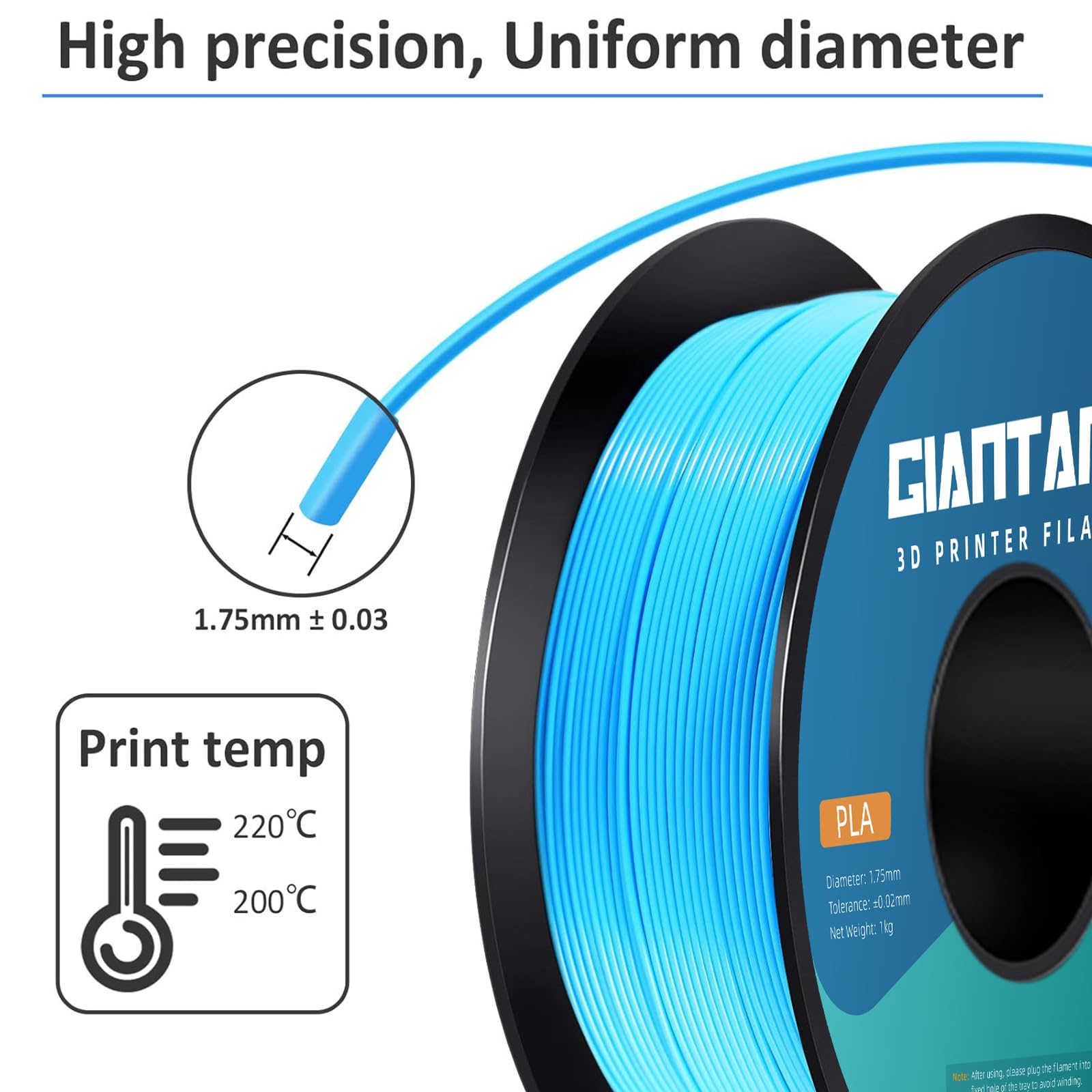 Filamento PLA 1,75 mm, filamento stampante 3D GIANTARM Bobina PLA 1 kg (Blu acqua)
