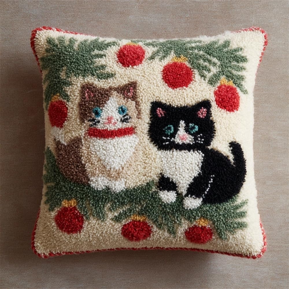 FWRTYCB Latch Hook Pillow Kit Christmas Kitten Crochet Yarn Hooking Pillow