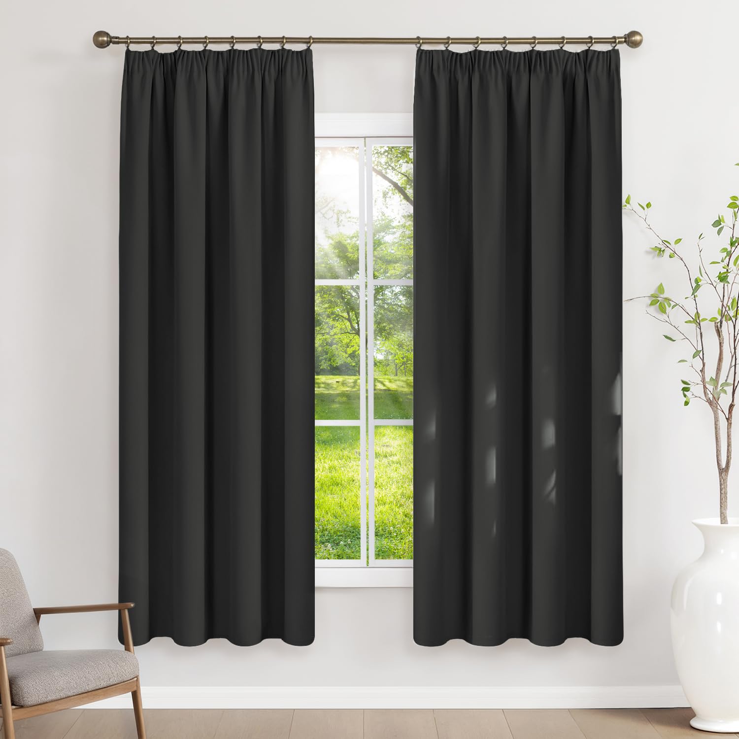 Runyéla Pencil Pleat Blackout Curtains for Bedroom Thermal Curtain 52 x 63 Inch Drop Living Room Kitchen 2 Panels Black