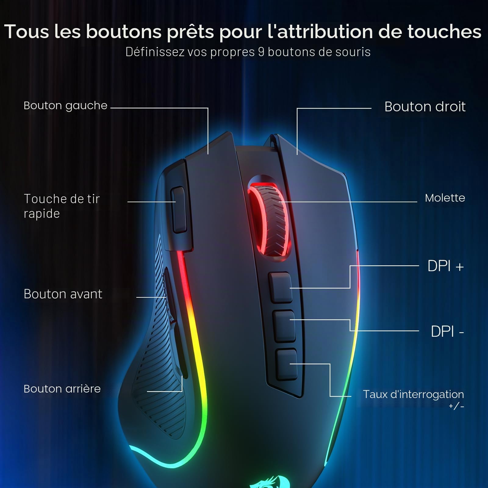 Redragon M612 Pro Souris sans Fil 8000 DPI 9 Boutons BT/2.4G