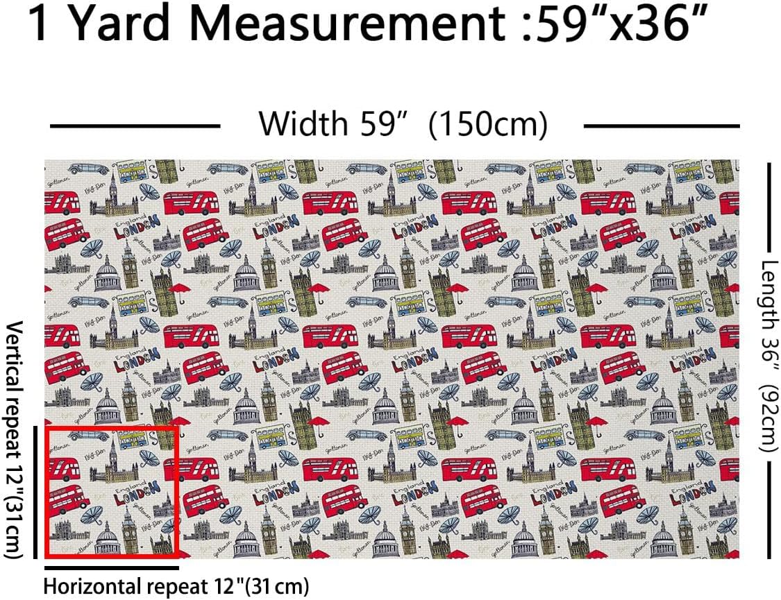 Feelyou London Fabric by The Yard, Vintage England Famous Cityscape Upholstery Fabric for Chairs, Big Ben Tower Bridge Telephone Booth Decorative Waterproof Fabric, 2 Yards