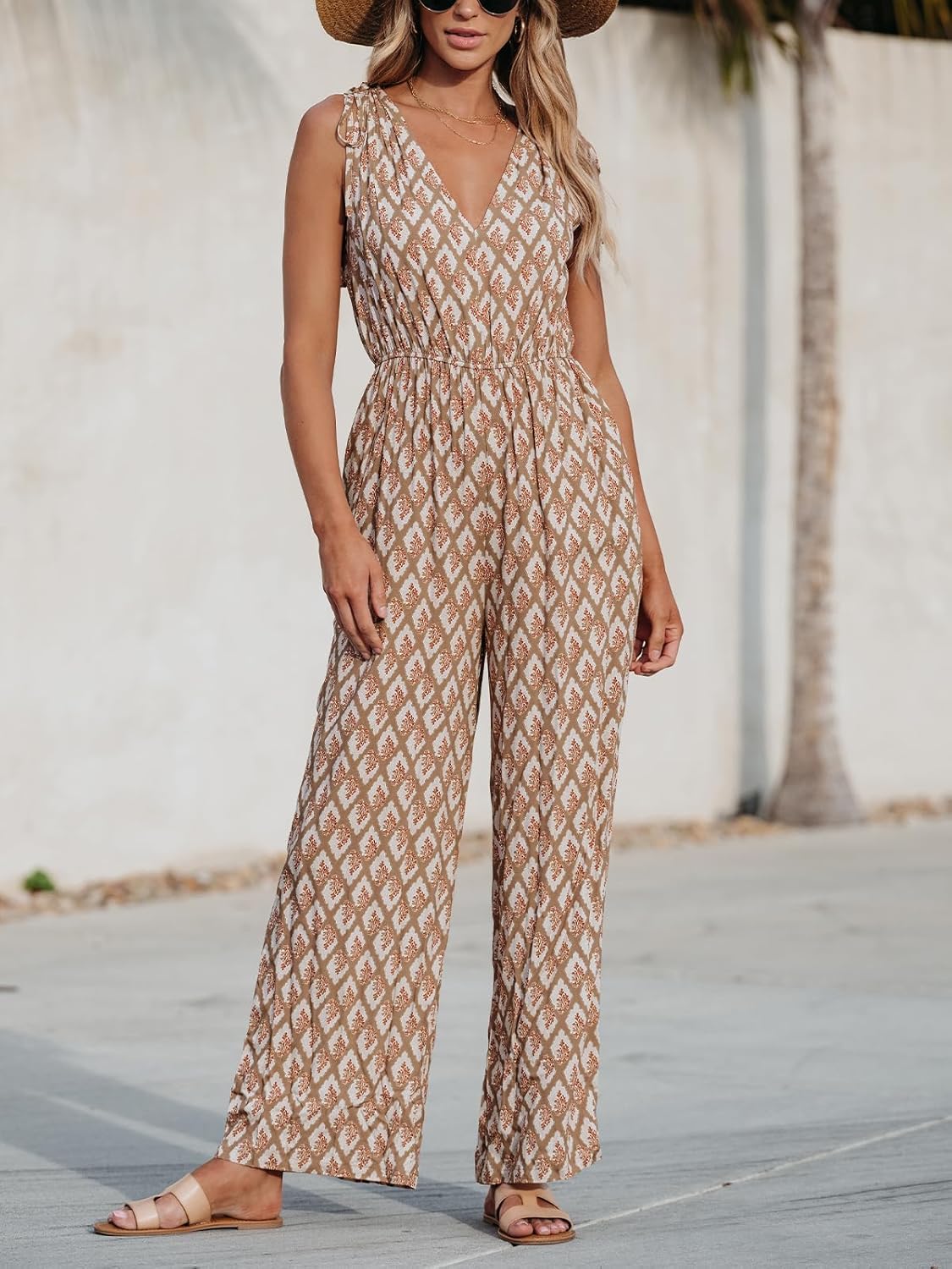 CUPSHE Women's Jumpsuits Wide Leg Romper Sleeveless V Neck Overall Drawstring Shoulders Outfit Casual Beach - Image 4