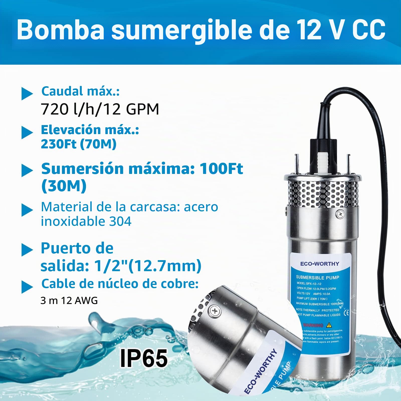 DCHOUSE Bomba Sumergible De Acero Inoxidable De 12 V, Elevación Máxima De 230 Pies, Bomba Sumergible Máxima De Agua De Pozo Profundo De 100 Pies, Bomba De Agua Con Energía Solar