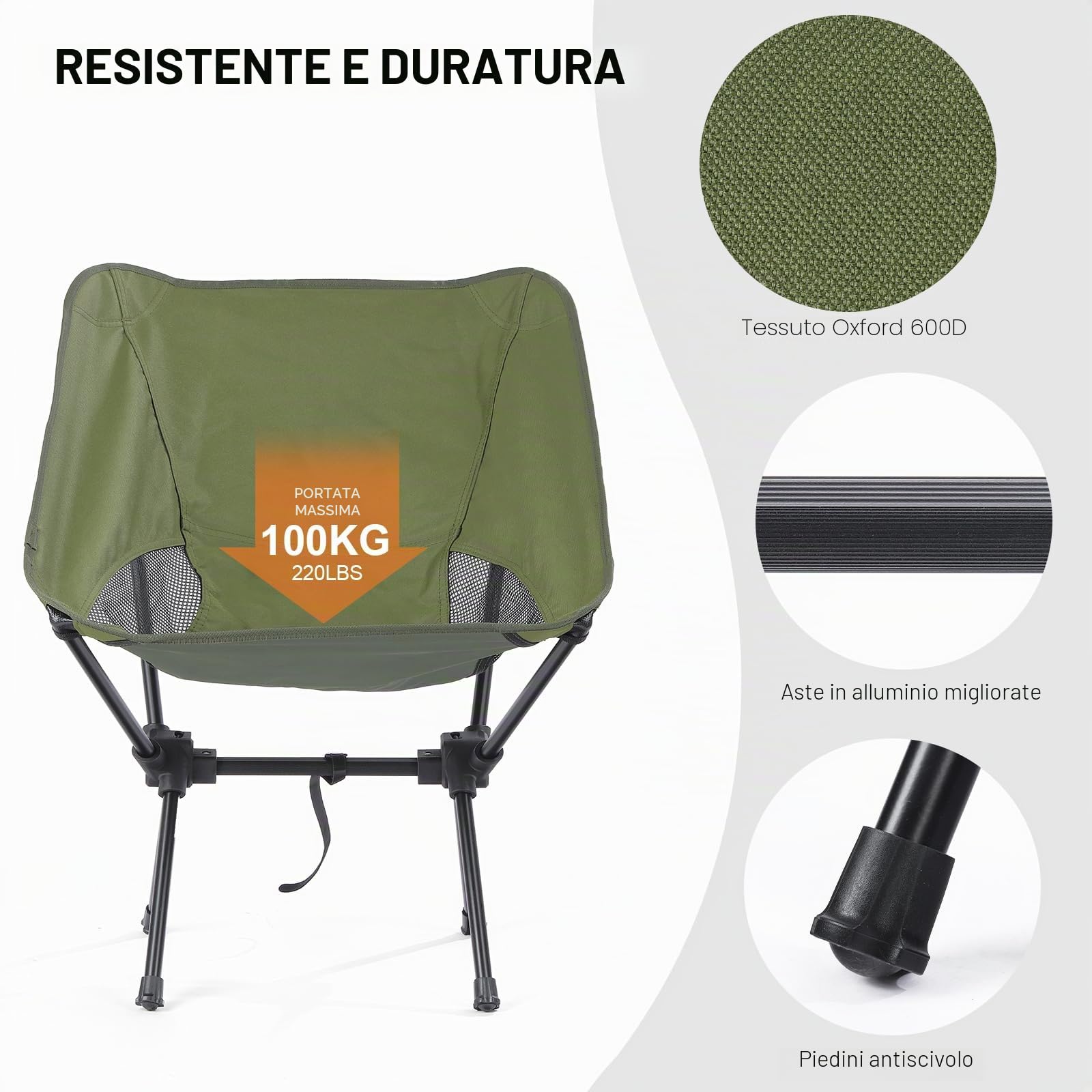 Sedie Pieghevoli da Campeggio Ultraleggera, Sedia da Pesca Piccolo con Borsa da Trasporto, Sedie Pieghevoli Portatile da Esterno Spiaggia Giardino Picnic, Verde
