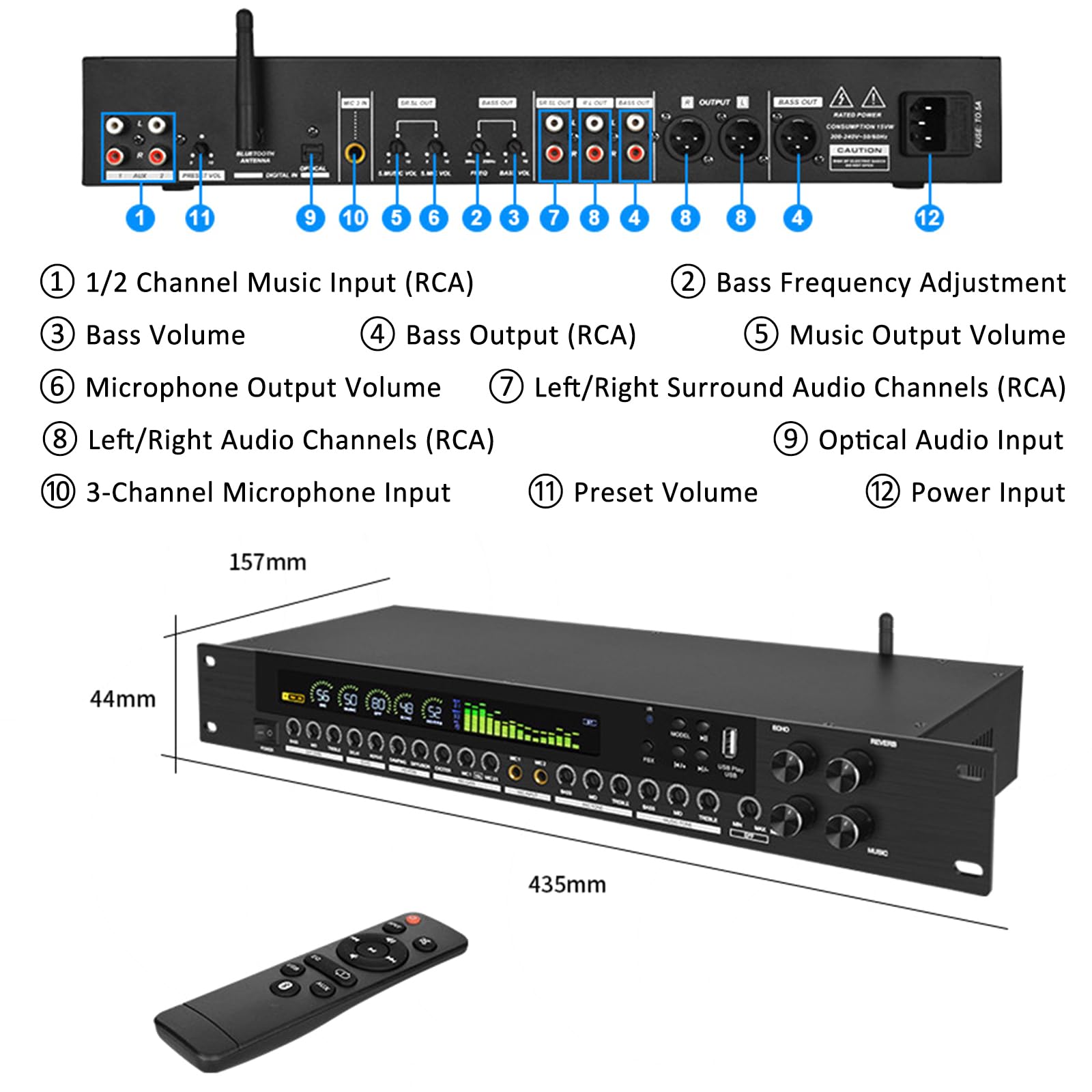 GZPKJ Efector Digital De Preescenario KTV, Procesador De Audio Antiaullidos, Pantalla Grande HD, Espectro Dinámico, Efectos Ajustables, para Reverberador Doméstico, Escenario E Iglesia