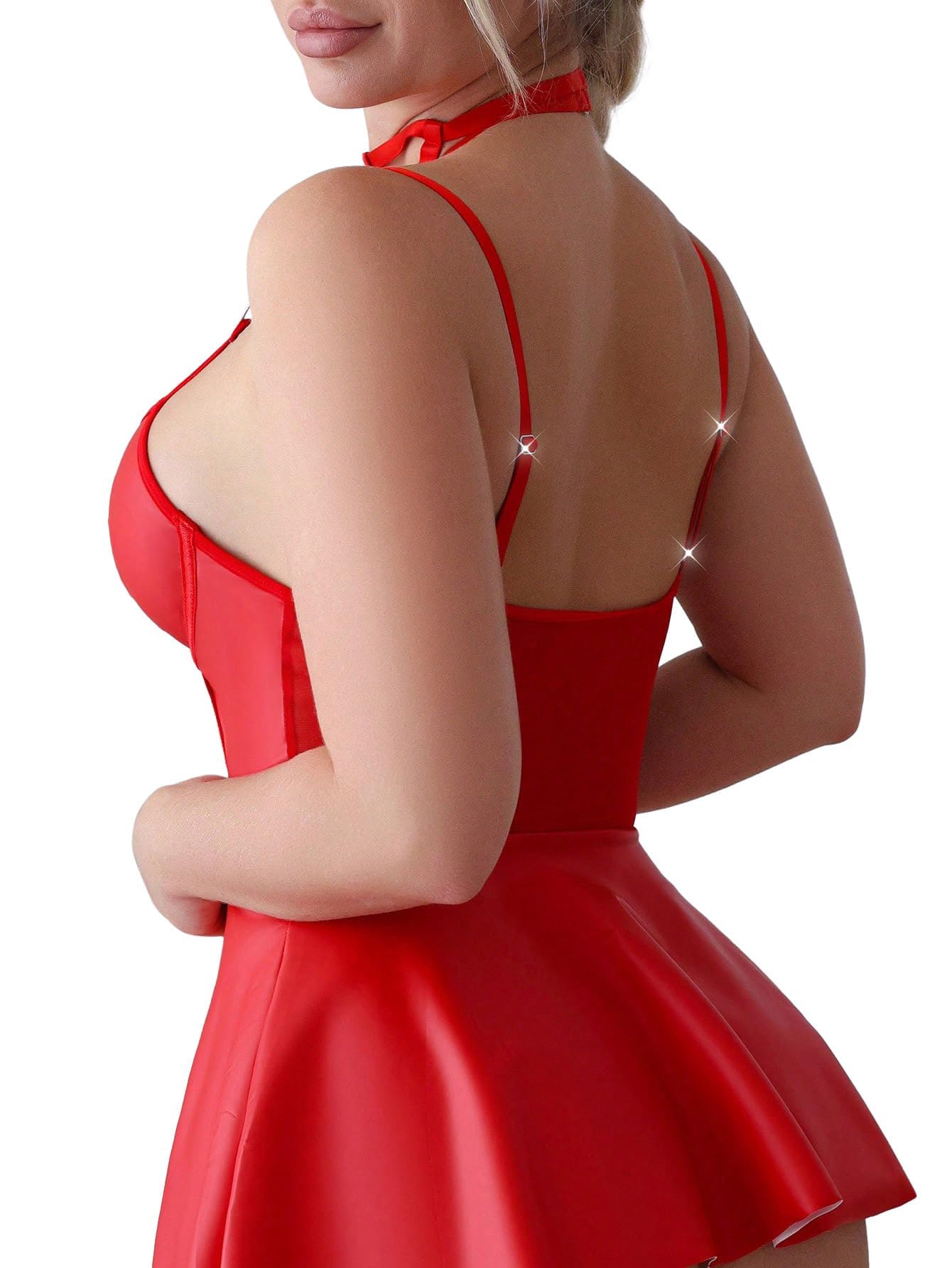 Foxiny Sexy Strappy Leather Underwire Choker Garter Belt Mini Lingerie Set Dress with Thong 3 Piece