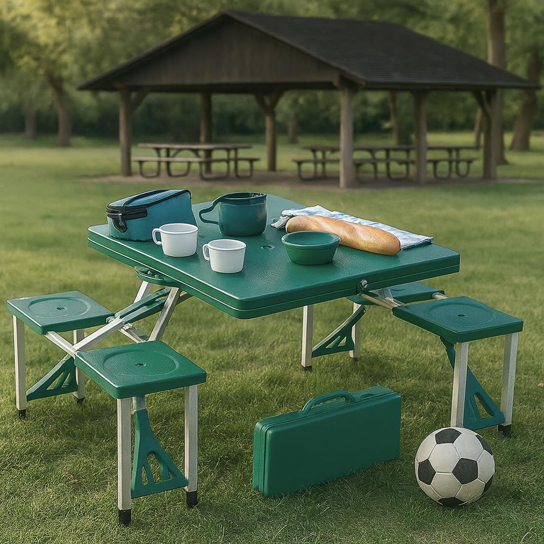 Acomoda Textil - Mesa de Picnic Plegable con Cuatro Asientos Integrados y Asa de Transporte, Estructura Resistente y Diseño Compacto para Jardin, Camping, Parque, Playa O Exterior.