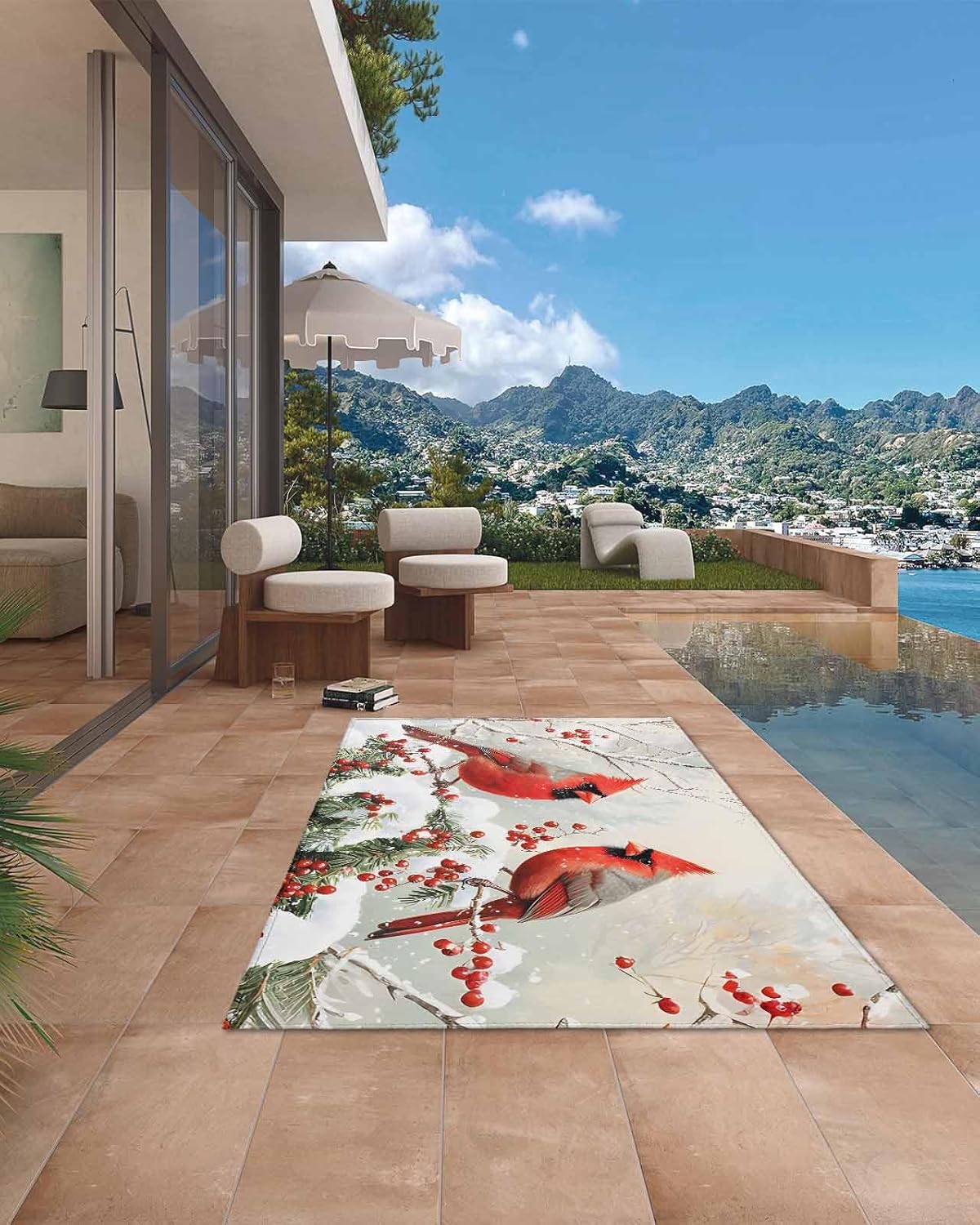 5x8 Large Area Rug Winter Cardinals Christmas Waterproof Outdoor Patio Rug for Camping RV, Winter Indoor Outdoor Carpet,Washable Outdoor Mat for Porch/Deck/Backyard/Balcony/Living Room
