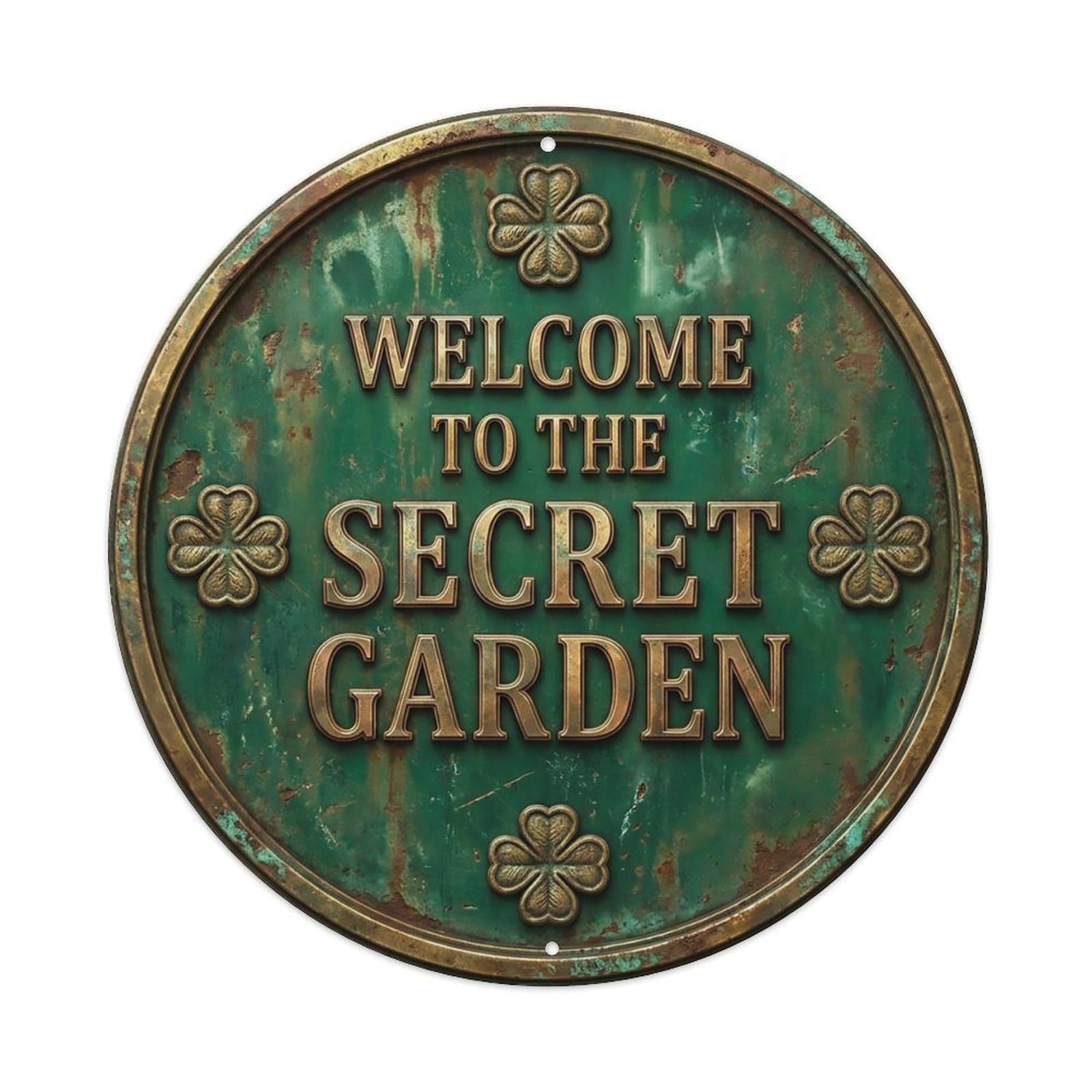 Vintage Welcome Secret Garden Brass Emerald Textured Metal Tin Sign