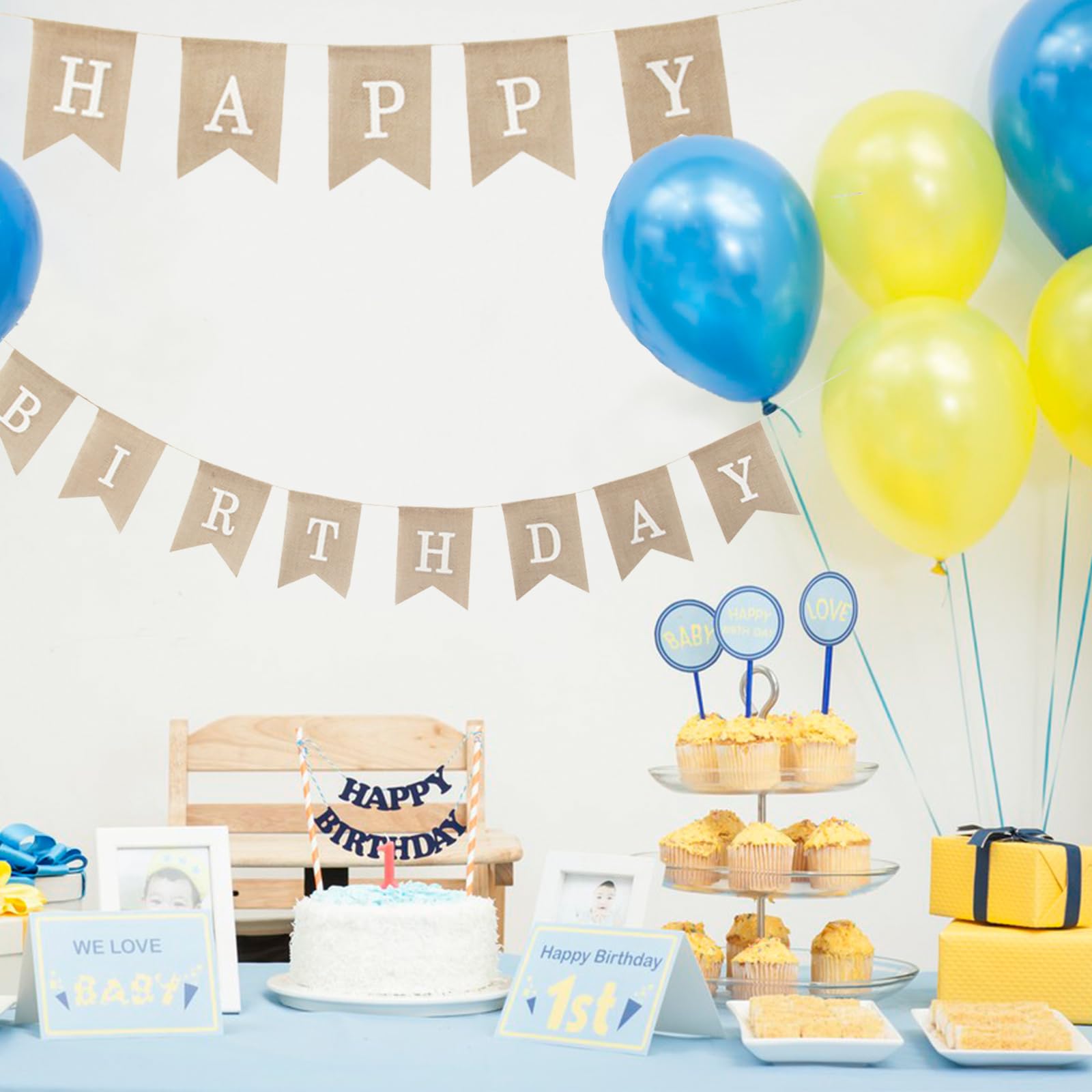 Burlap Happy Birthday Banner - Reusable Hessian Sign With White Letters, Pre-Assembled For Party Decor