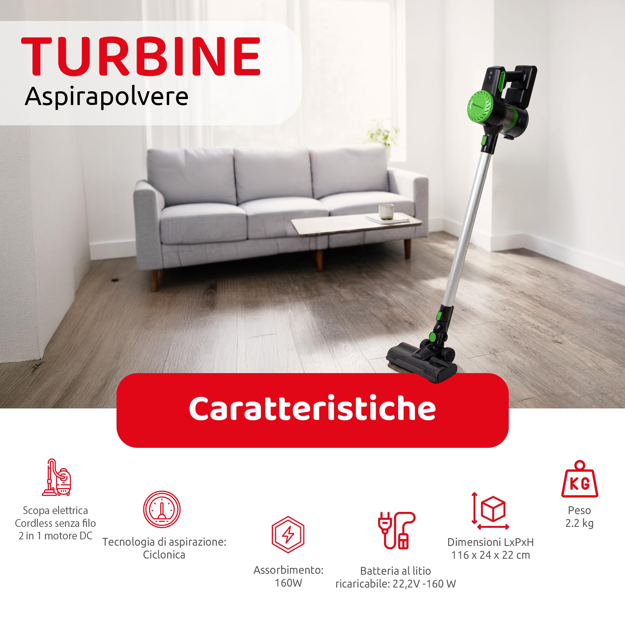 Melchioni Family Turbiny Bezprzewodowy mop elektryczny, 2 w 1, silnik prądu stałego 160 W, akumulator litowy 22,2 V, technologia cyklonowa, filtr HEPA, bezprzewodowy odkurzacz z zestawem akcesoriów i