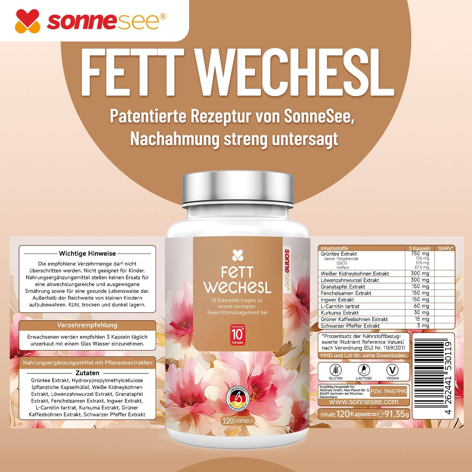 Fett Wechesl10-Fach Stoffwechsel-Rezeptu Grüner Tee Komplex mit L-Carnitin Kurkuma 120 Kapseln, in Deutschland laborgeprüft
