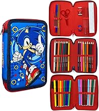 CARTOON Astuccio 3 zip Sonic completo 44 pezzi cancelleria multiscomparto penne matite colori pennarelli giotto per la scuola