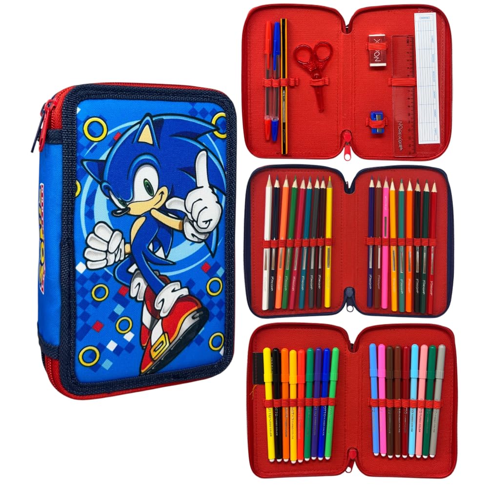 CARTOON Astuccio 3 zip Sonic completo 44 pezzi cancelleria multiscomparto penne matite colori pennarelli giotto per la scuola