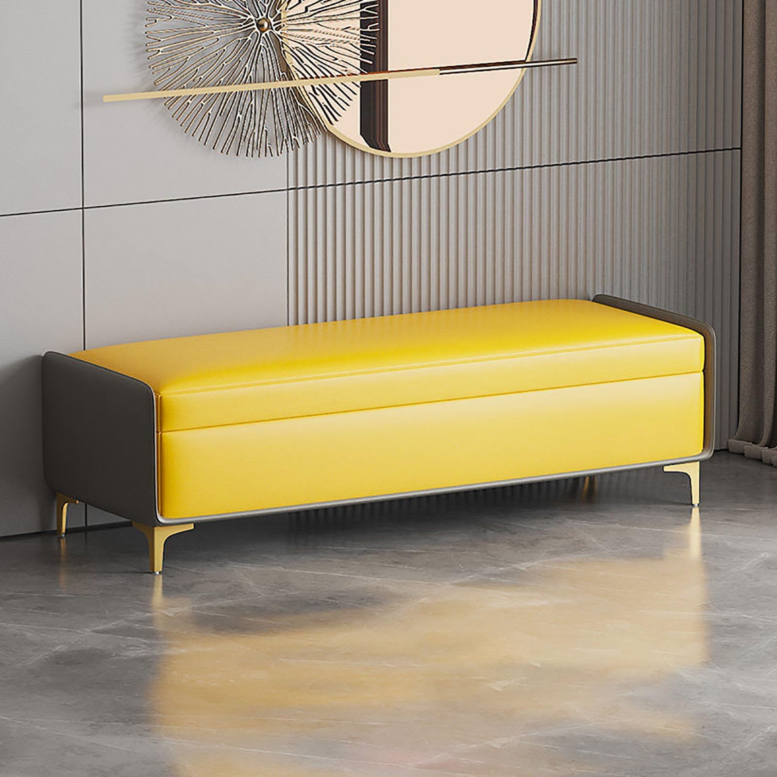 Banc de rangement en cuir 100cm avec coffre en bois et pieds métal