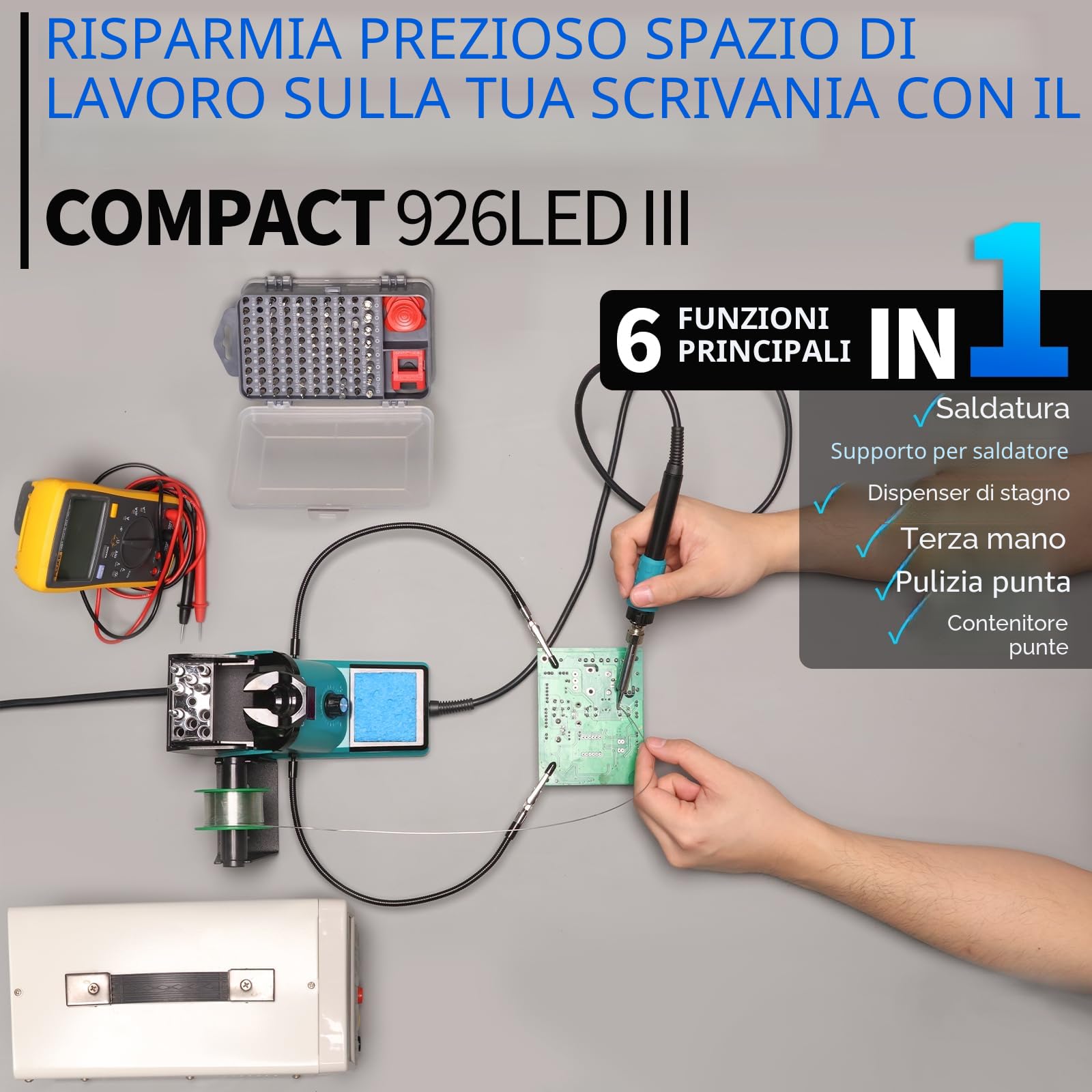 YIHUA 926LED III 60W Stazione Saldante Saldatore a Stagno Display Digitale 2 Mani d'Aiuto 5 Punte Extra Filo Saldatura Senza Piombo Auto Sleep Calibrazione EU Plug