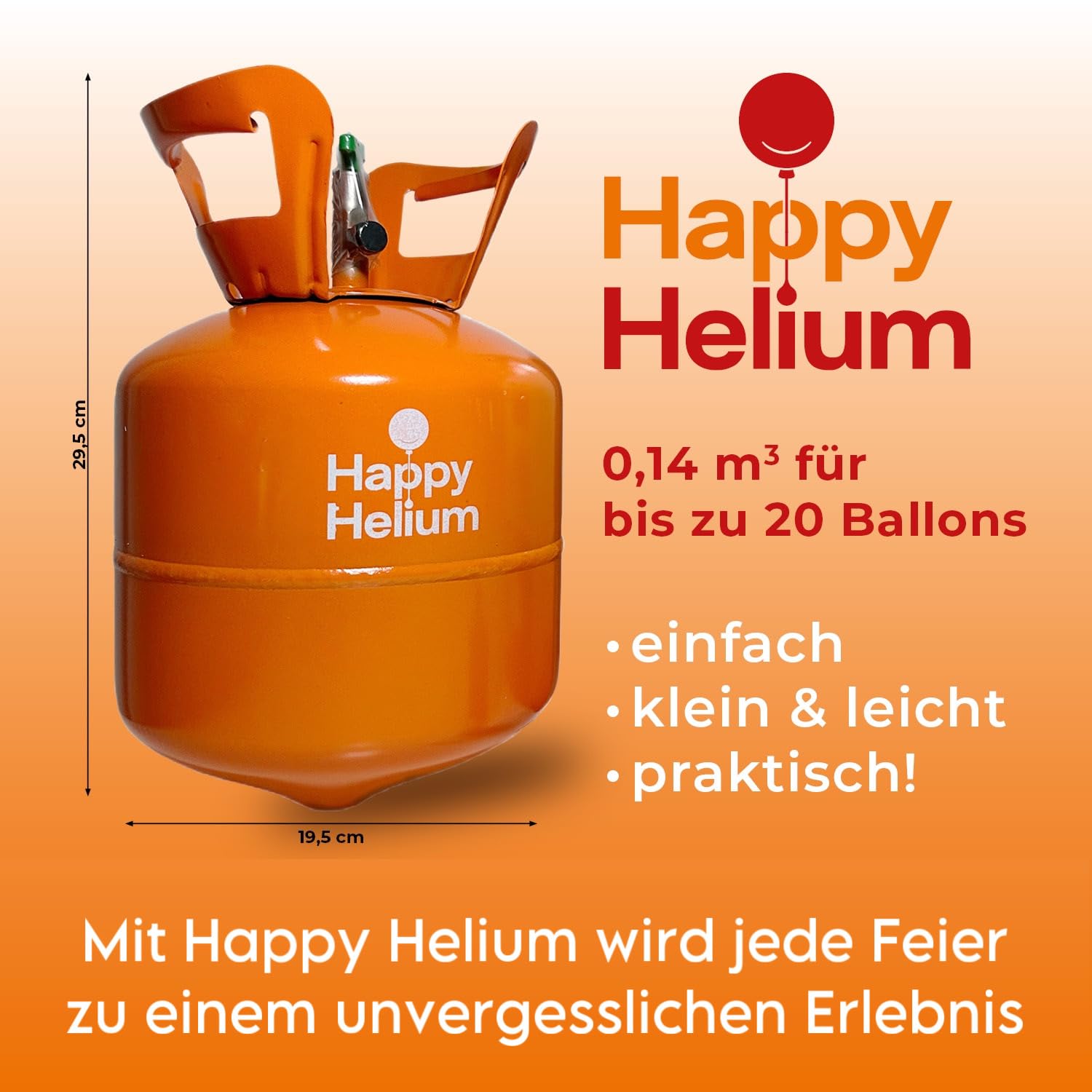 Happy Helium® 3x Ballongas Helium für 20 Luftballons | Heliumgas mit Füllventil - Balloon Gas 140 Liter (0,14 m³) für Geburtstag, Hochzeit, Party