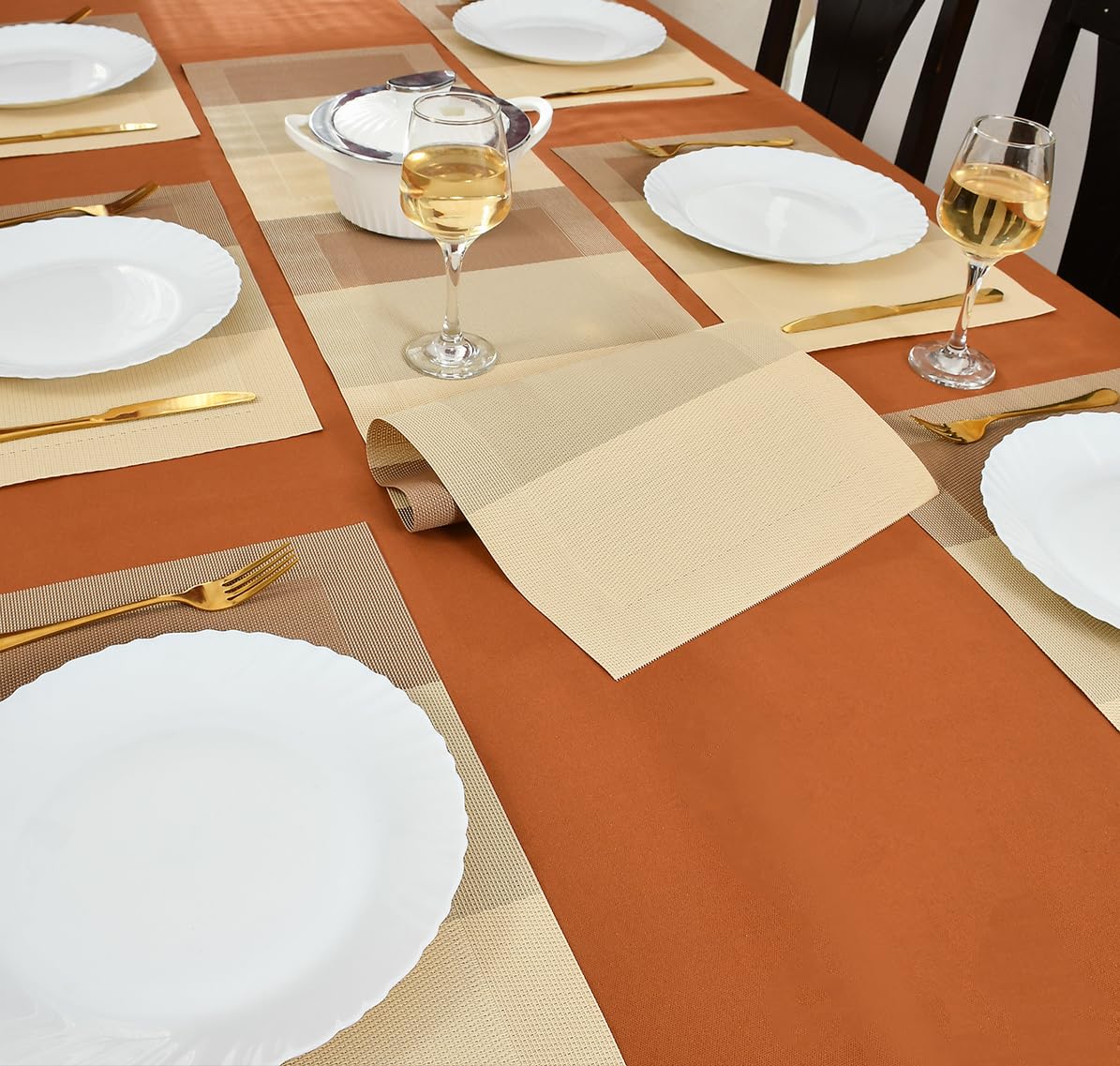 Yellow Weaves 6 PVC Dining Table Placemats with 1 Runner (30 X 135 CM), Set of 7 - Beige Brown Border-image-44