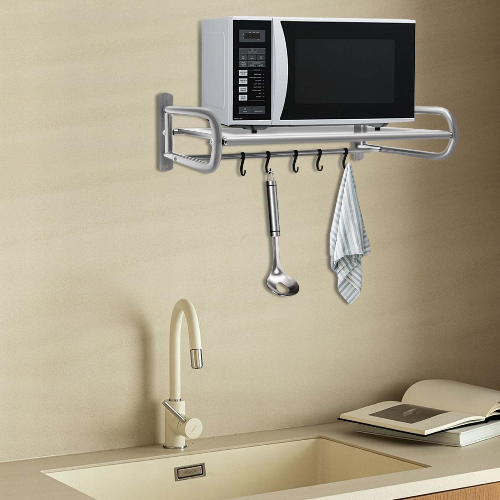 Soporte de pared de metal para microondas, soporta hasta 30 kg, estante de pared universal para cocina, soporte de microondas estable con kit de fijación