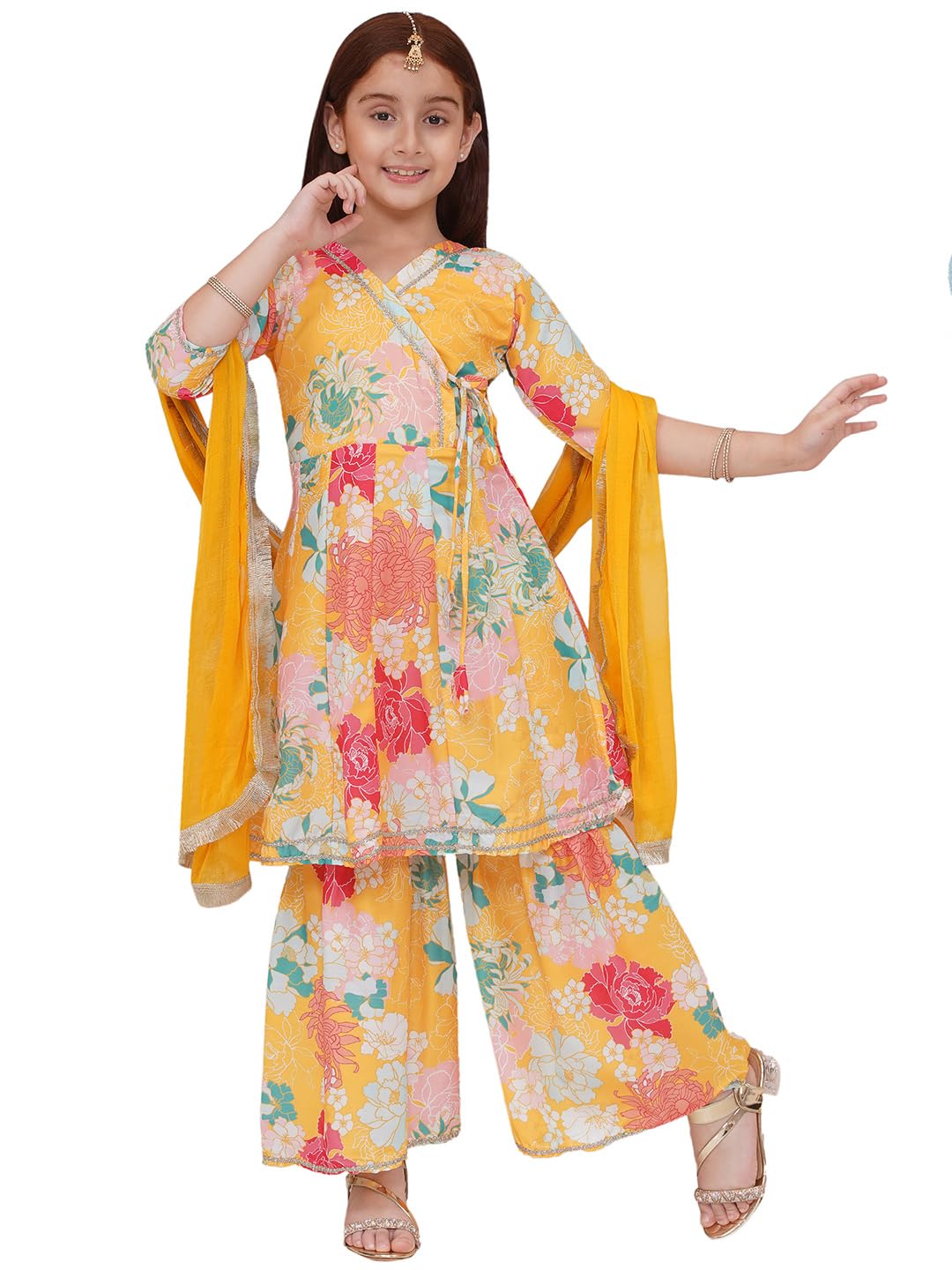 Preneum Girls's Cotton Rayon Printed Angrakha Kurta With Sharara & Dupatta, Yellow, 13-14 Years