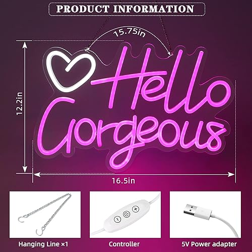 Miniatura 5 de Letreros de neón con texto en inglés Hello Gorgeous para decoración de pared, luz nocturna, luz LED rosa brillante, letra blanca neón, corazón, luz