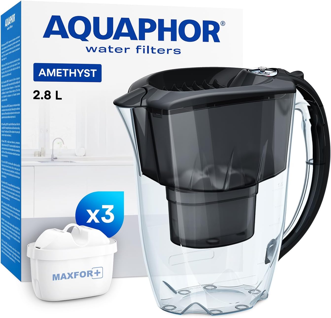 Amethyst Water Filter Jug with 3 X MAXFOR+ Filter 200L - Capacity 2.8L - Black
