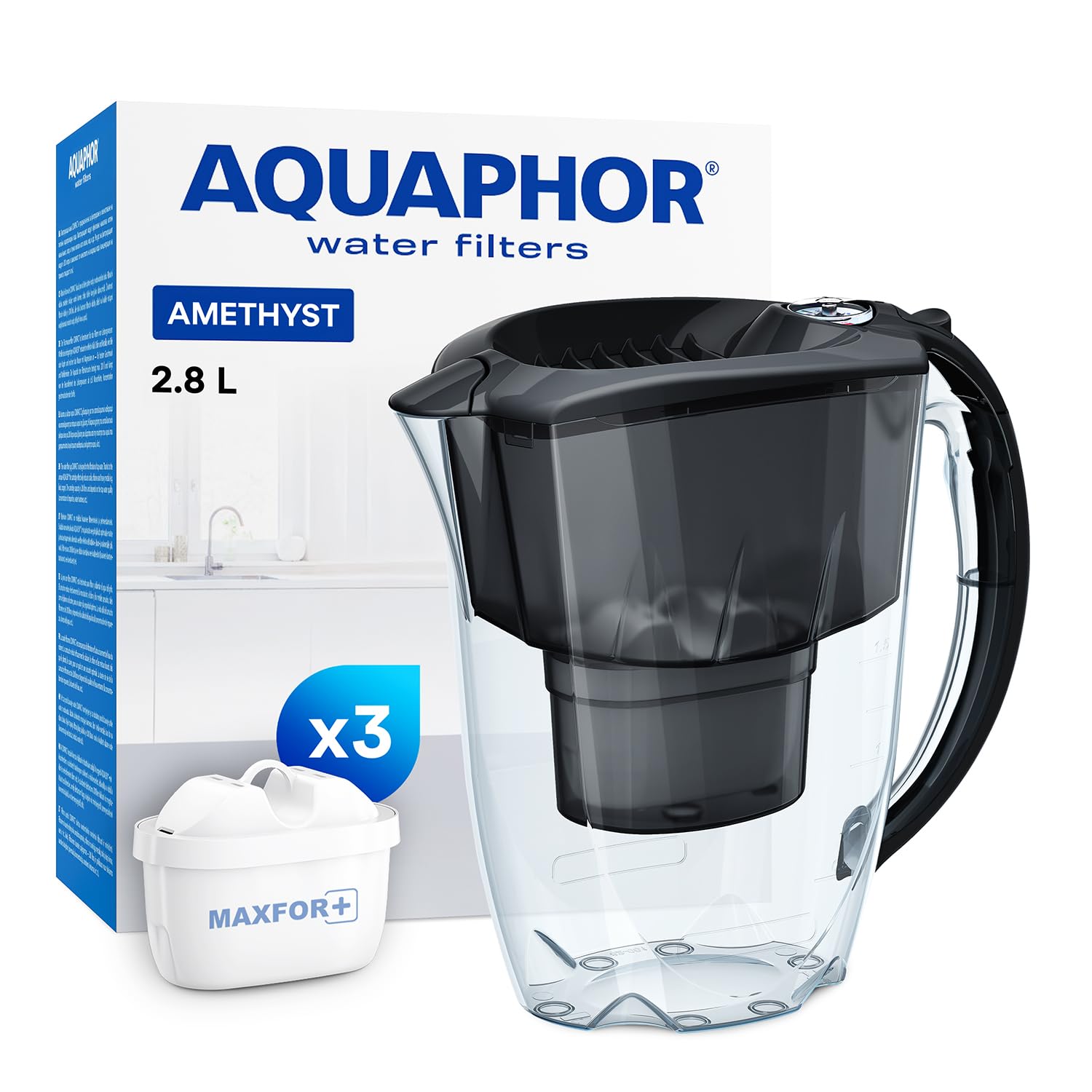 AQUAPHOR Amethyst Water Filter Jug with 3 X MAXFOR+ Filter 200L - Capacity 2.8L - Black