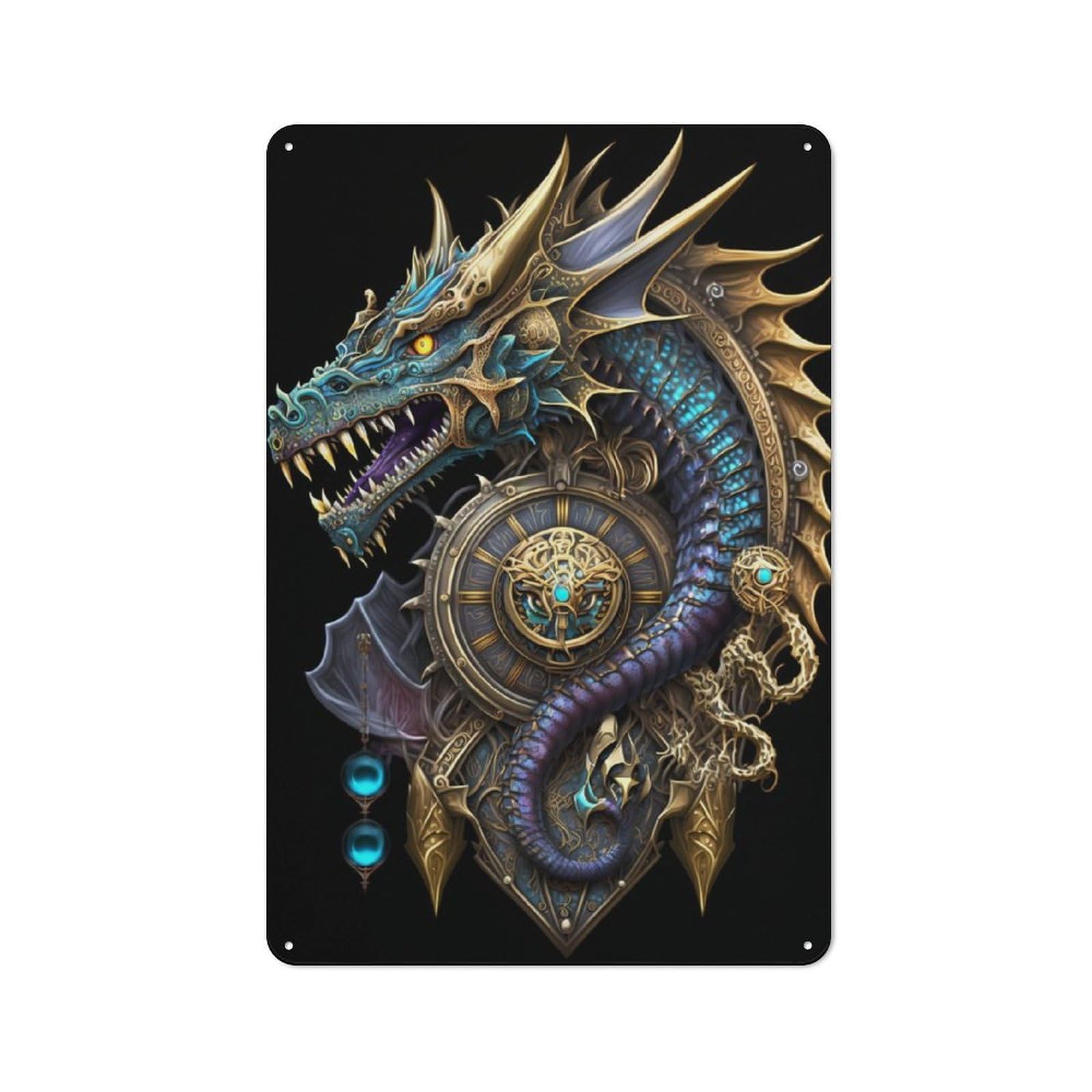 Junmoney Mystical Golden Dragon Tin Wall Plaque 30X20cm With For Studio Or Craft Room, For Metal Sign Collectors, For Kitchen And Home Bar Decor