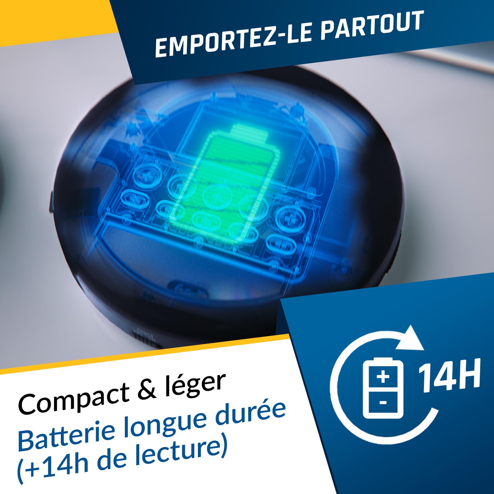 KLIM Nomad Lecteur CD Portable - Batterie Intégrée Longue Durée - avec Écouteurs - Compatible CD-R, CD-RW, MP3-16GB TF Card - Bluetooth Baladeur Lecteur CD pour Voiture, Maison, Extérieur - Noir