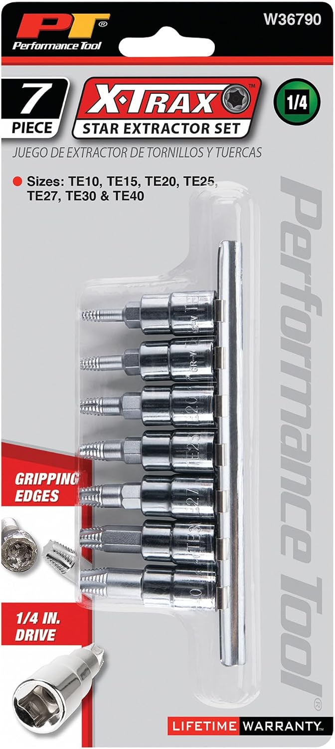 Performance Tool W36790 7pc 1/4-Inch Drive X-Trax Set for Stripped Screw Extractor Kit for Broken Bolt Extractor All-Purpose HSS Bolt Extractor Screw Remover Set