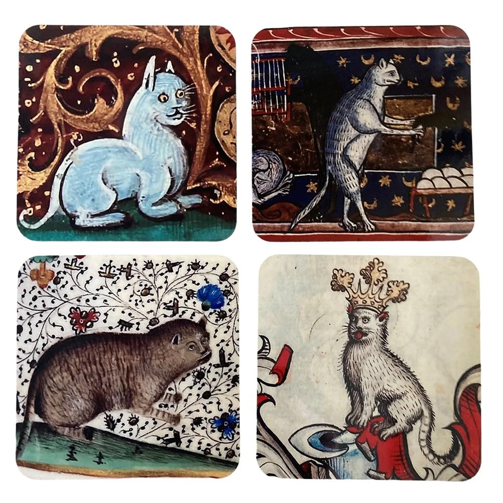 Ohsilv As Shown 4Pcs Medieval Cat Coasters For Drink Set Cat Pattern Round Coasters, Drinking Coasters Cat Coaster