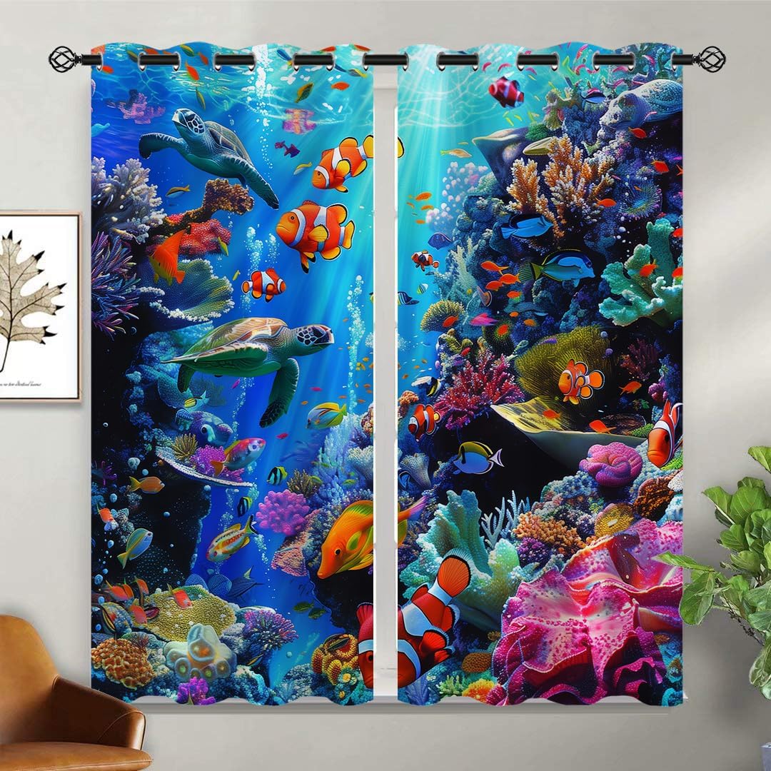 Ocean Blackout Curtains for Girls Boy Home Decor, Underwater World Colorful Tropical Fishes Grommet Thermal Insulated Drapes Darkening Window Curtain for Bedroom Living Room, 42 x 63 Inch