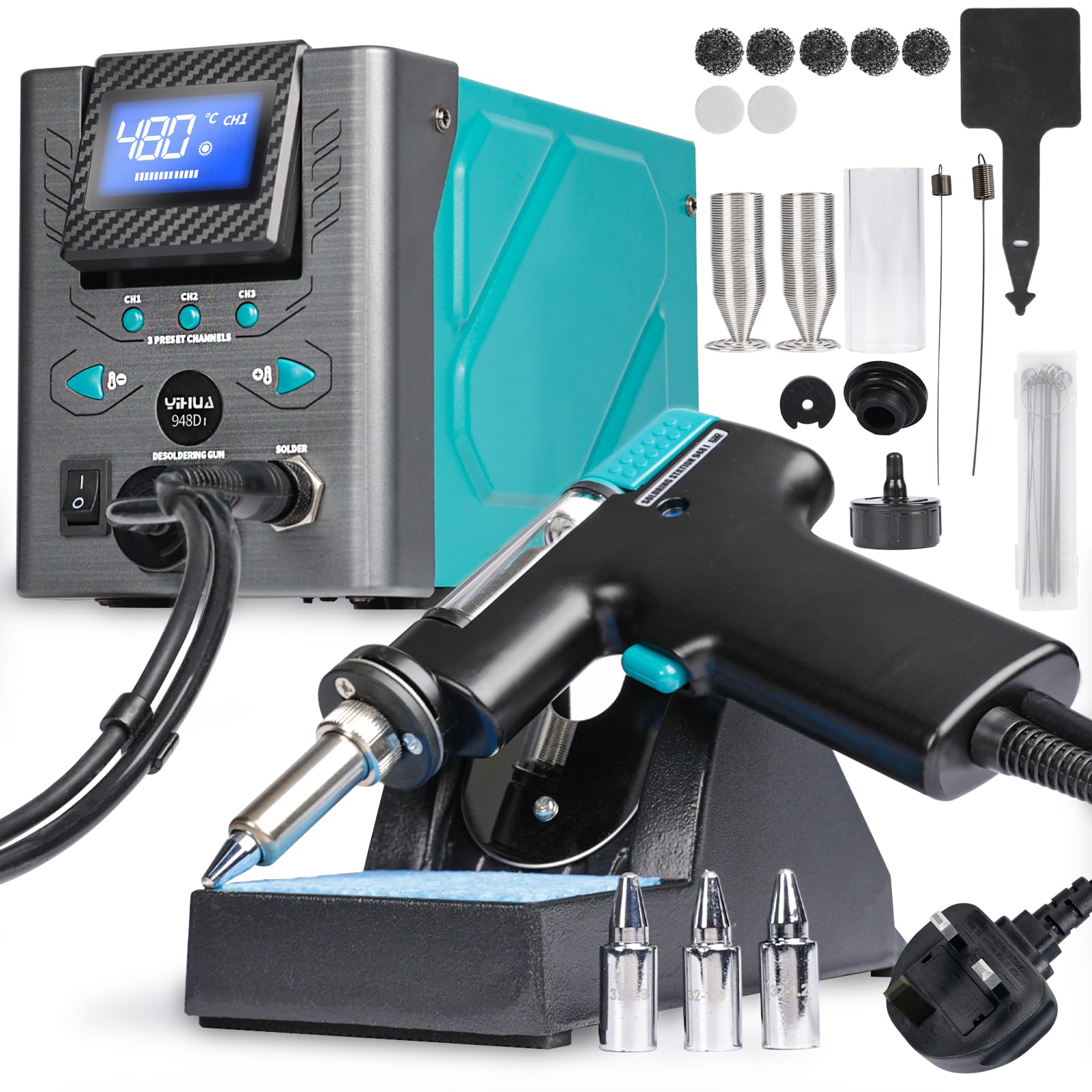 YIHUA 948D-I Desoldering Station 110W High Performance ESD-Safe with Temperature Control 380-480°C Adjustable, 3 Pre-Set Channels, °C/°F Conversion, Auto Stand-by, Sleep Mode(UK Plug)