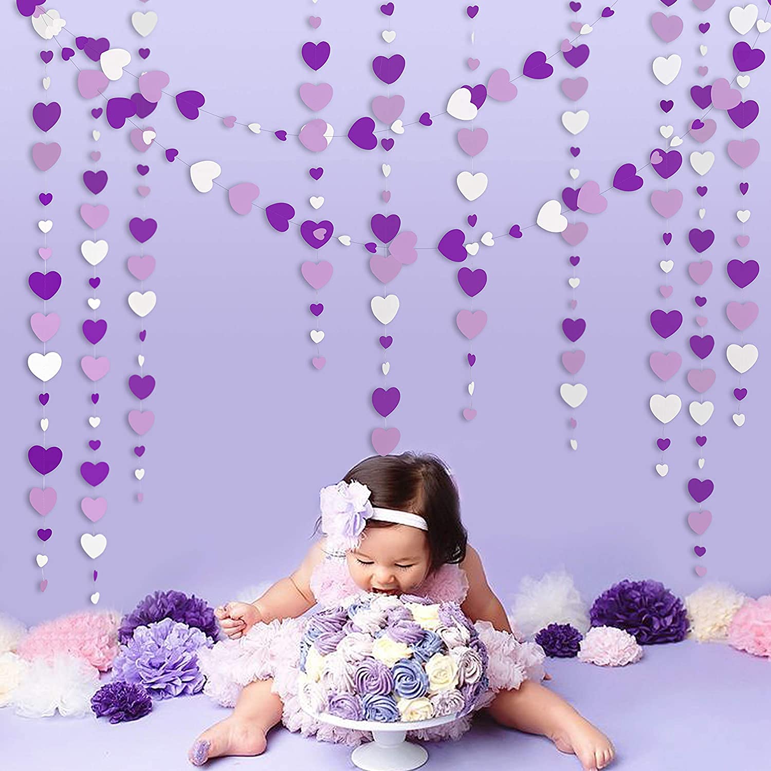 52Ft Purple White Love Heart Garland Lavender Hanging Paper Streamer Banner for Anniversary Mother's Day Birthday Engagement Wedding Baby Bridal Shower Queen Platinum Jubilee Decorations 2023 Supplies - Image 5