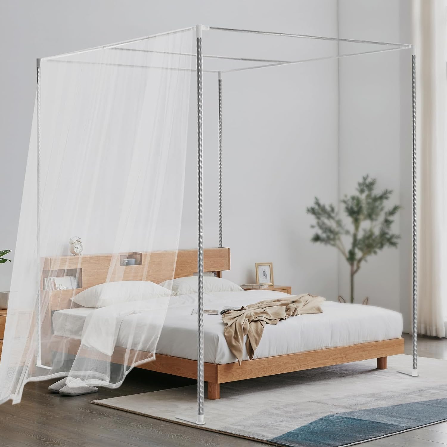 Canopy Bed Frame, 1.5x2m Sturdy Stainless Steel 4-Poster Frame with Base Feet, Easy Install Metal Bed Net Stand for Queen/King Size, Modern Silver Bed Canopy Poles for Mosquito Net & Decor