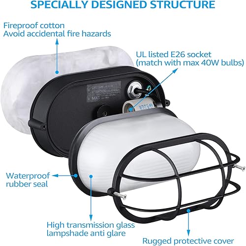 Miniatura 4 de LEONLITE Luz de mamparo para exteriores de 8.5 pulgadas, base E26, accesorio de iluminación náutica, luz de pared ovalada negra, ubicación húmeda,