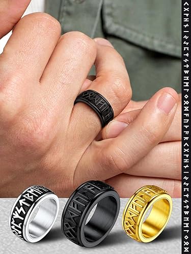 Miniatura 2 de FaithHeart Anillo de runas giratorias vikingas nórdicas de acero inoxidablechapado en oro, anillos giratorios para hombres y mujeres, puede grabado