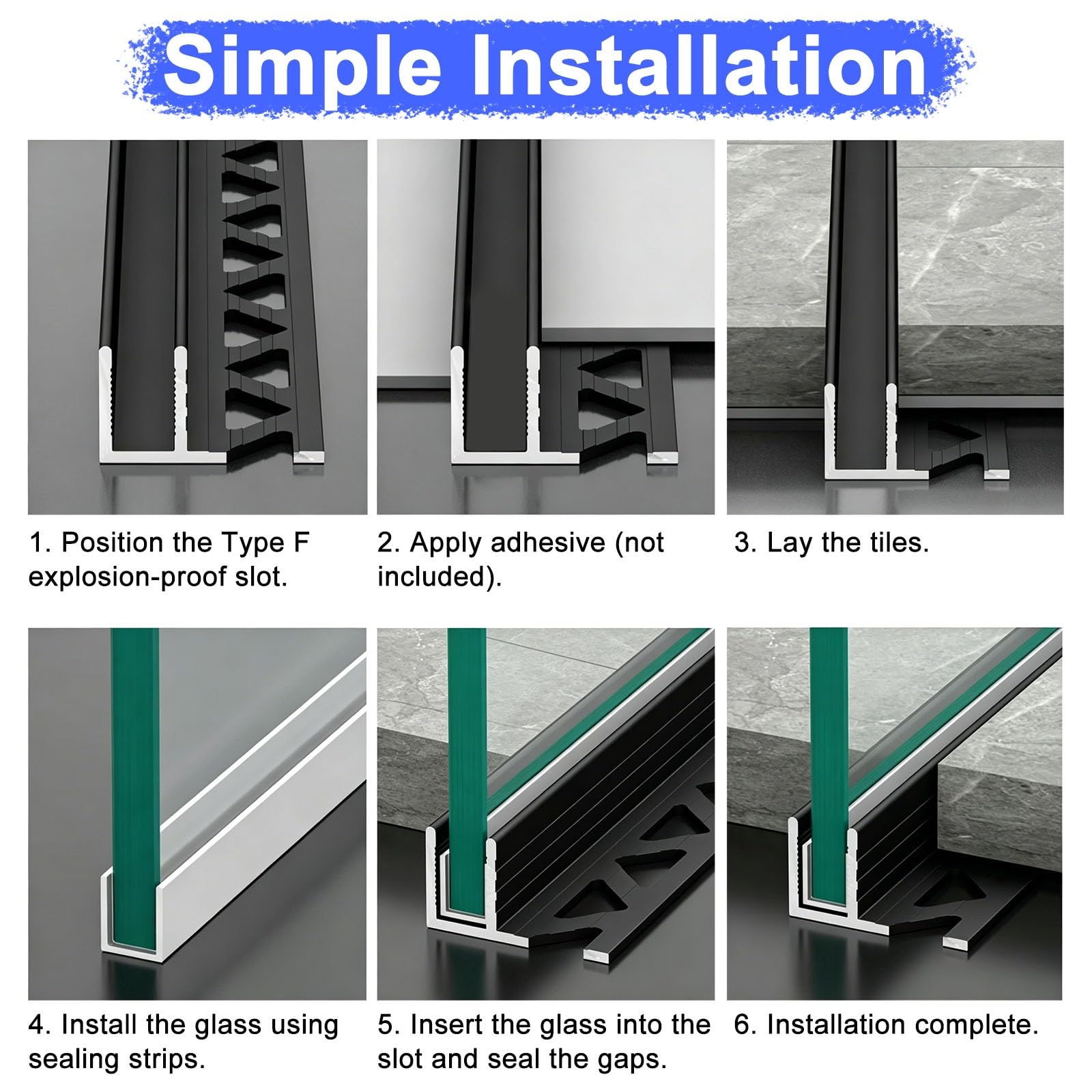 U profundo de aluminio Perfil Empotrado Para Puerta De Vidrio Sin Marco (apto Para Espesor De 12 Mm), 2 Rieles De Ducha De Aluminio En Forma De F Con Junta(White,180cm/5.9ft)