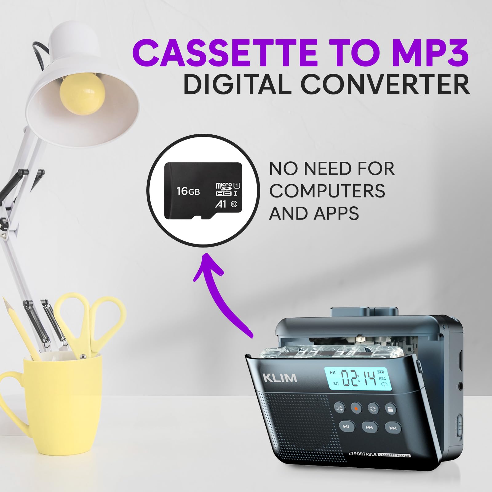KLIM K7 Cassettebandspeler - Cassette naar MP3 Converter - Draagbare cassettespeler - Bandrecorder met ingebouwde microfoon & luidspreker - Oplaadbare batterij - Oordopjes - 16GB SD-kaart - Zwart