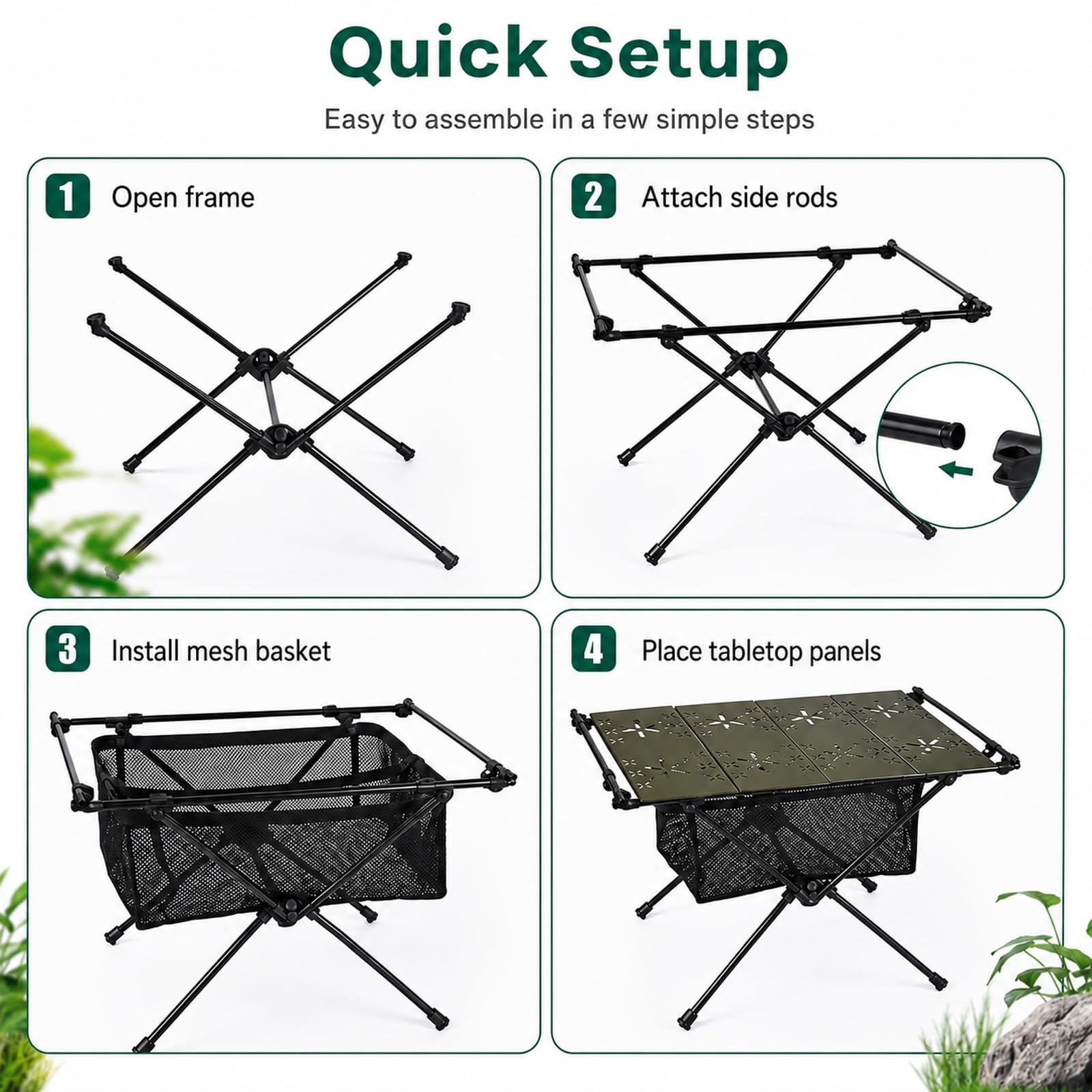 GOOGO Tavolo pieghevole da campeggio, piano in alluminio e ripiano in rete, tavolino ultraleggero outdoor per picnic, pesca e cucina all’aperto, 59 x 40 x 38 cm (verde)
