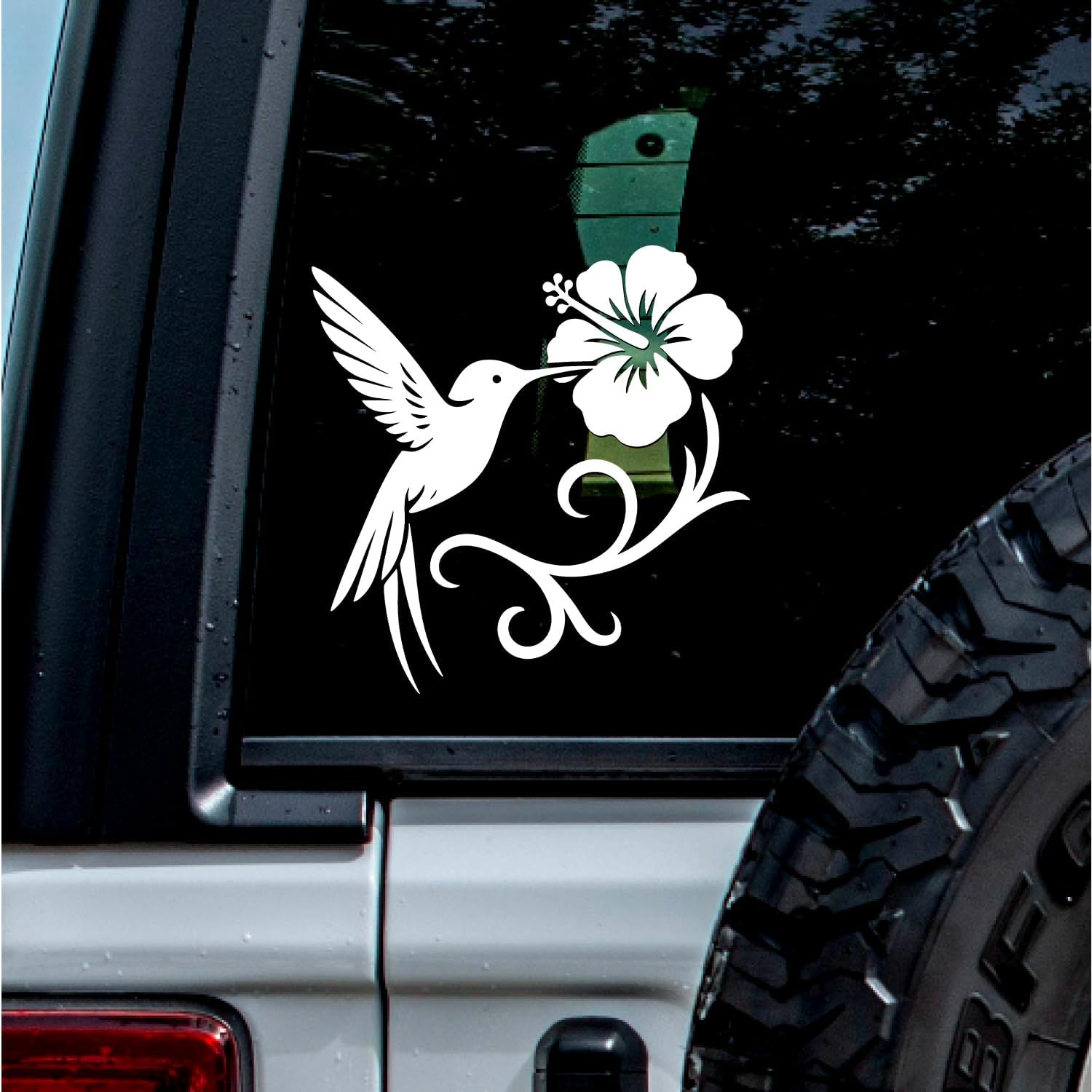 No Background - Waterproof Car Sticker Decal of Hummingbird and Hibiscus Tattoo for Laptops, Water Bottles, Cars, Trucks, Wall Ideal Gift (2 Pcs White, 3.8'' x 3.8'') |K16021WH