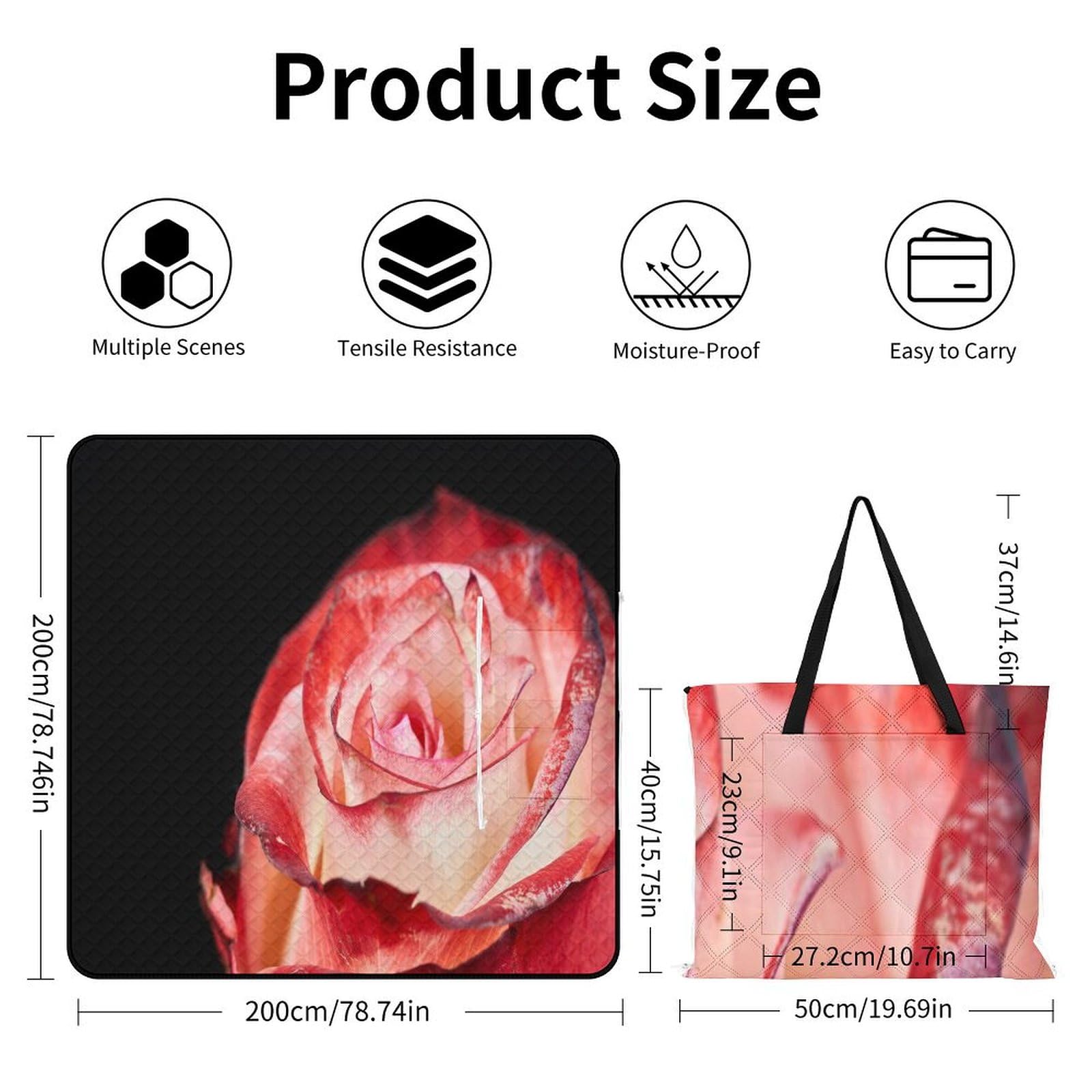 Couverture de pique-nique à motif rose rouge et blanc avec sangle de transport, tapis de sable pliable et imperméable pour camping, été, plage, tapis de 200 x 200 cm