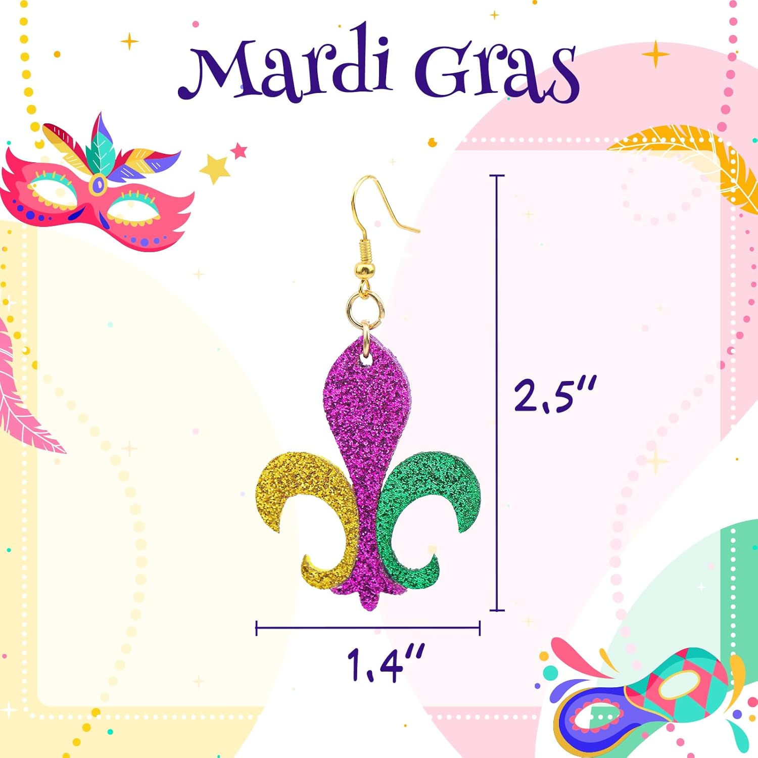 YanJie 2Pcs Mardi Gras Earrings for Women Glitter Carnival Earring Purple Fleur de lis Parade Accessories for Women Party Crown Outfits - Image 4