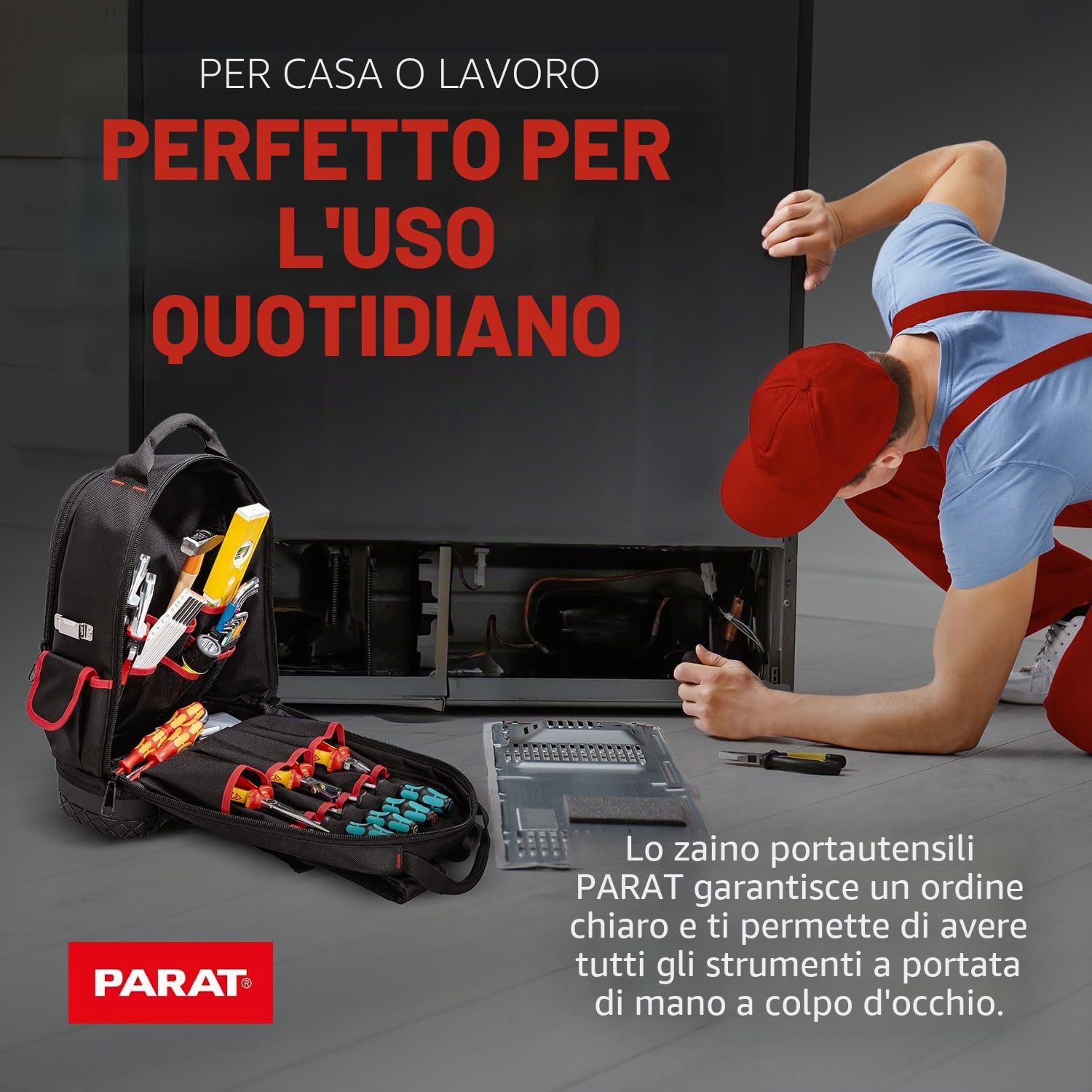 PARAT Basic, zaino per attrezzi da 23 l, per elettricisti, zaino in nylon resistente, con 15 scomparti e 6 passanti in gomma, zaino per elettricisti con fondo rinforzato
