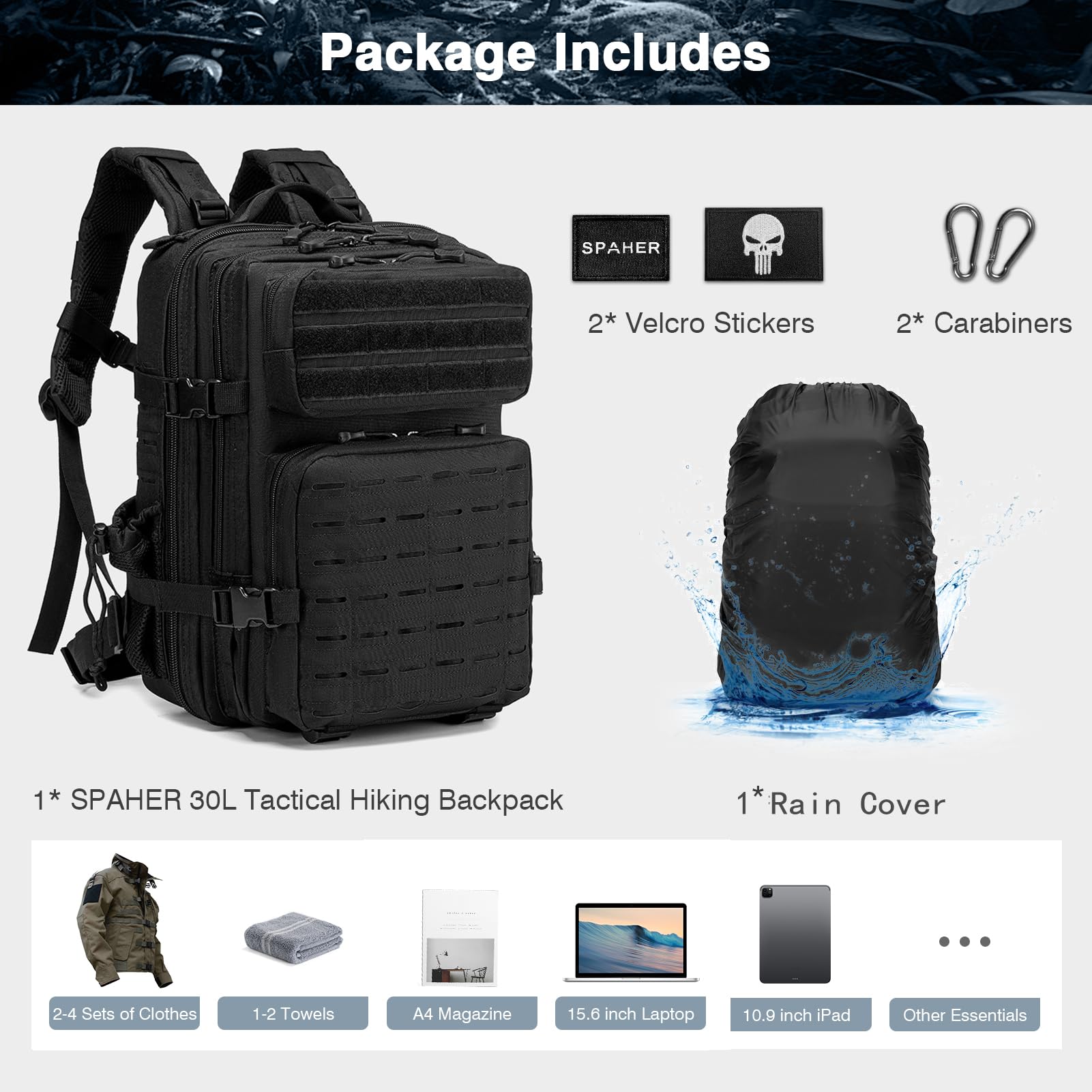 SPAHER Sac à Dos Tactique Militaire Multifonction Molle 30L Sac a Dos Voyage 40x30x25 Eurowings Bagage Cabine Sac à Dos Randonnée Trekking Crossfit Homme Peche Survie étanche Armée Backpack